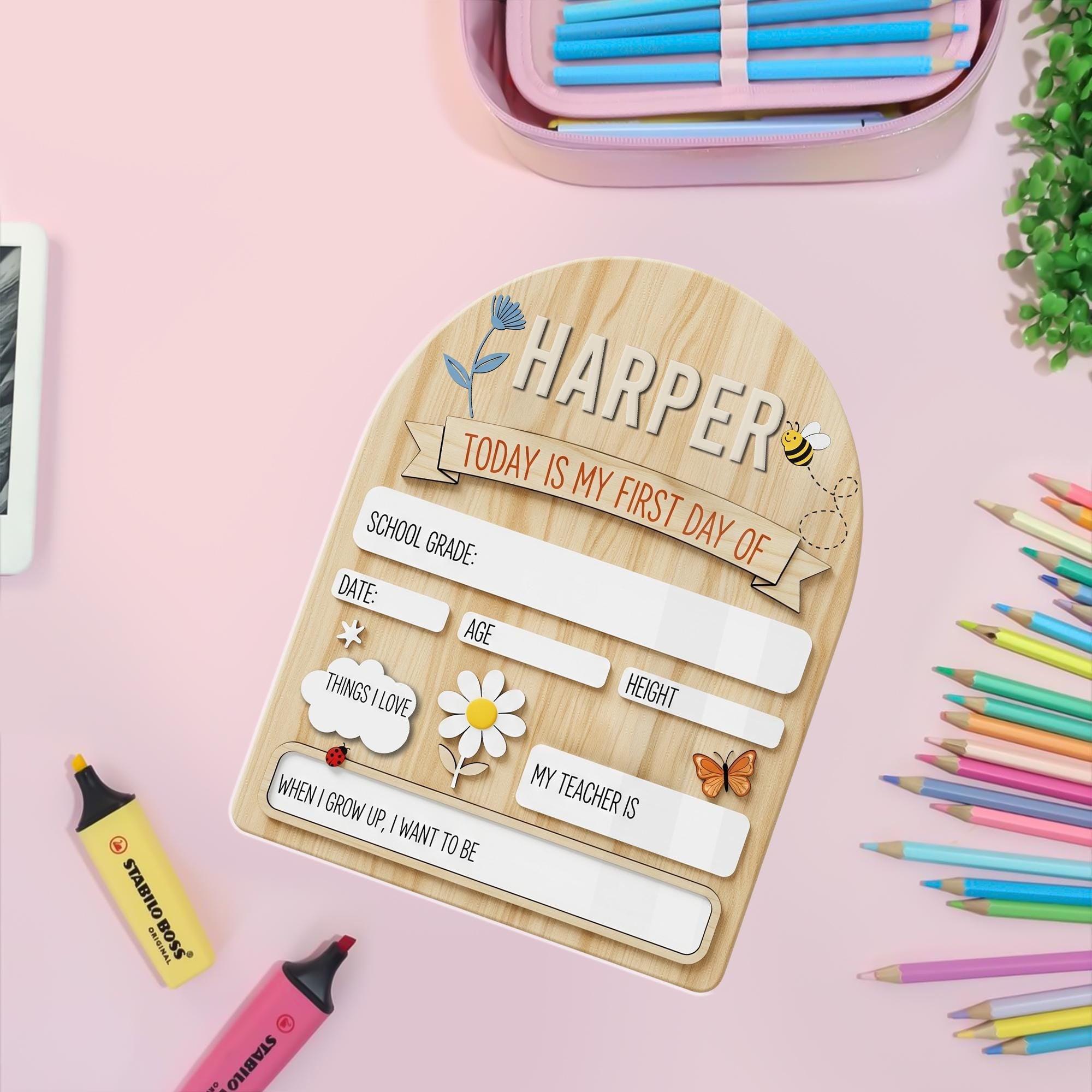 First Day of School Sign for Kids, Custom Name and Grade Board, Reusable Milestone Photo Prop, Back to School Gift Idea