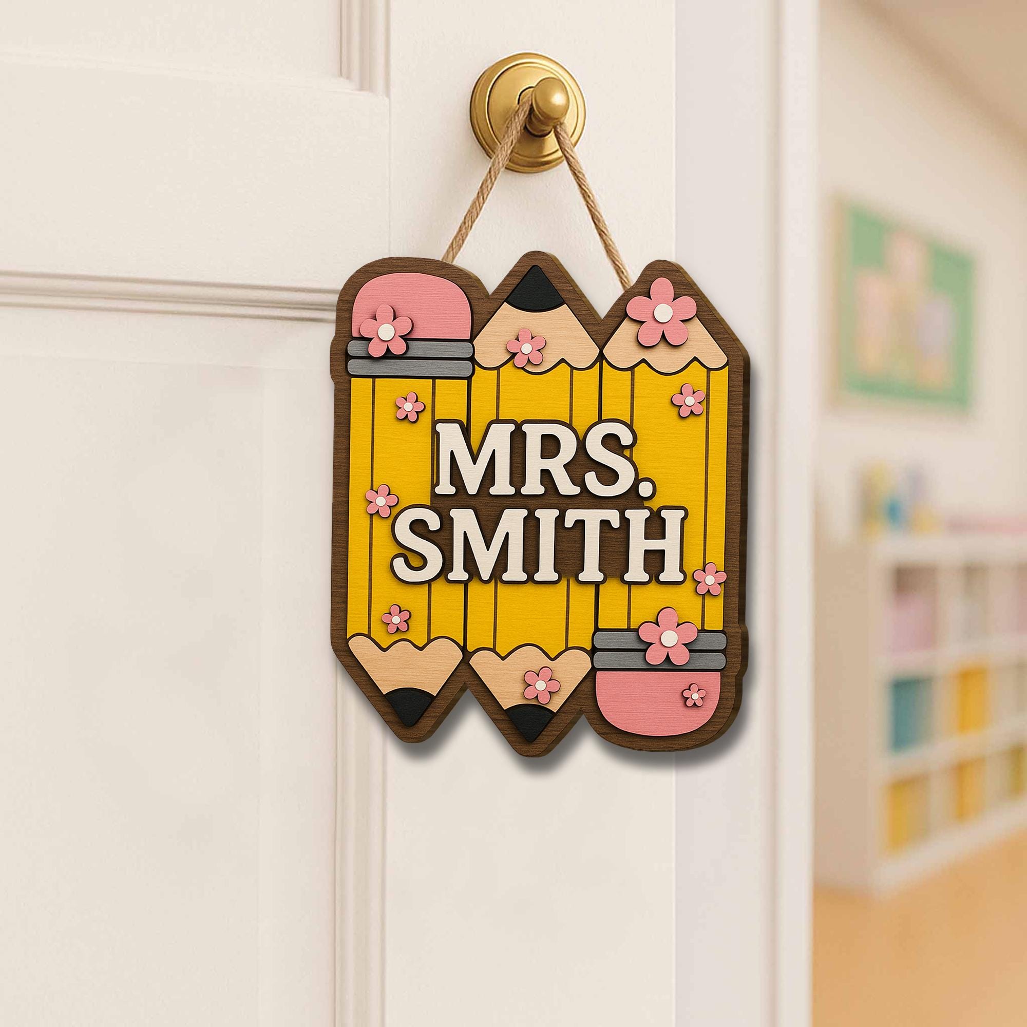 Personalized Teacher Door Sign, 3D Wooden Pencil Name Plaque, Classroom Decor Gift, Custom Back to School Hanging Sign