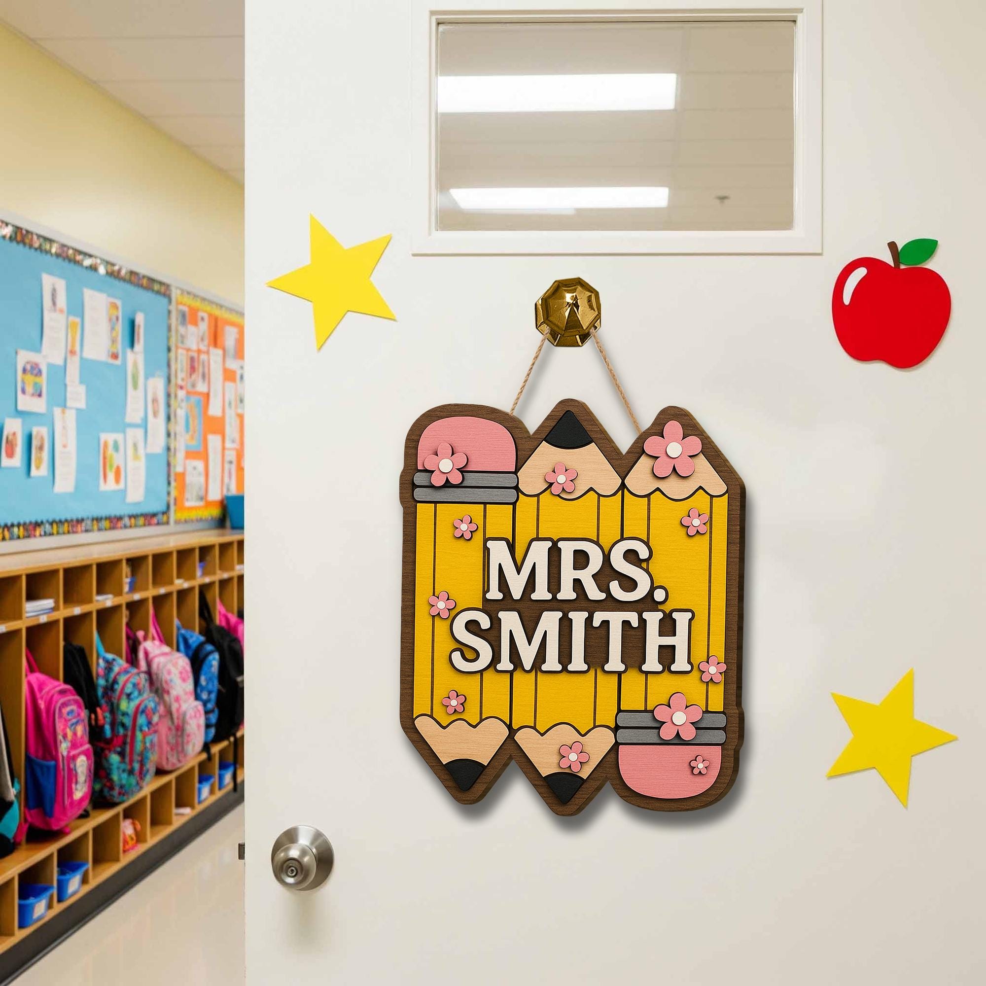 Personalized Teacher Door Sign, 3D Wooden Pencil Name Plaque, Classroom Decor Gift, Custom Back to School Hanging Sign