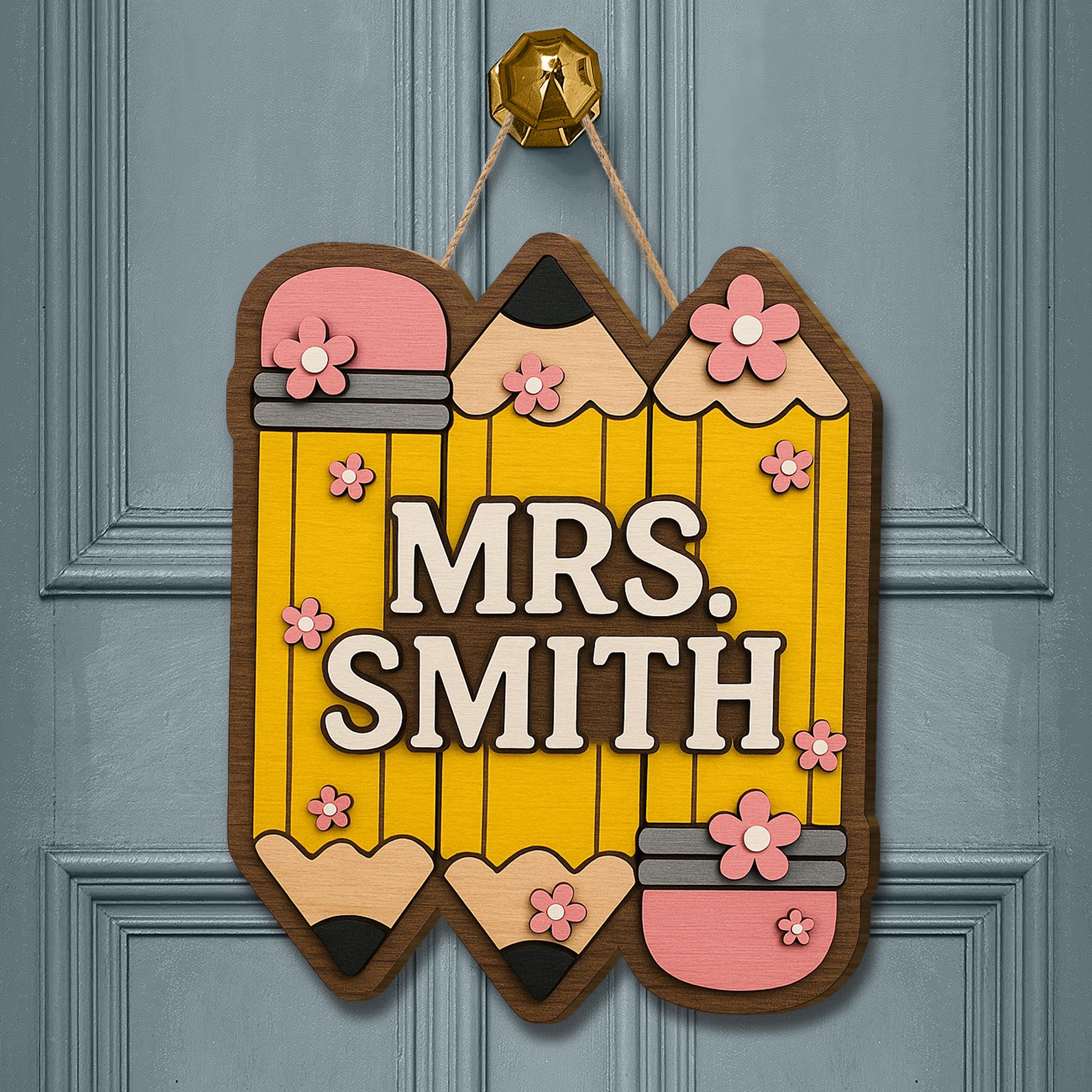Personalized Teacher Door Sign, 3D Wooden Pencil Name Plaque, Classroom Decor Gift, Custom Back to School Hanging Sign