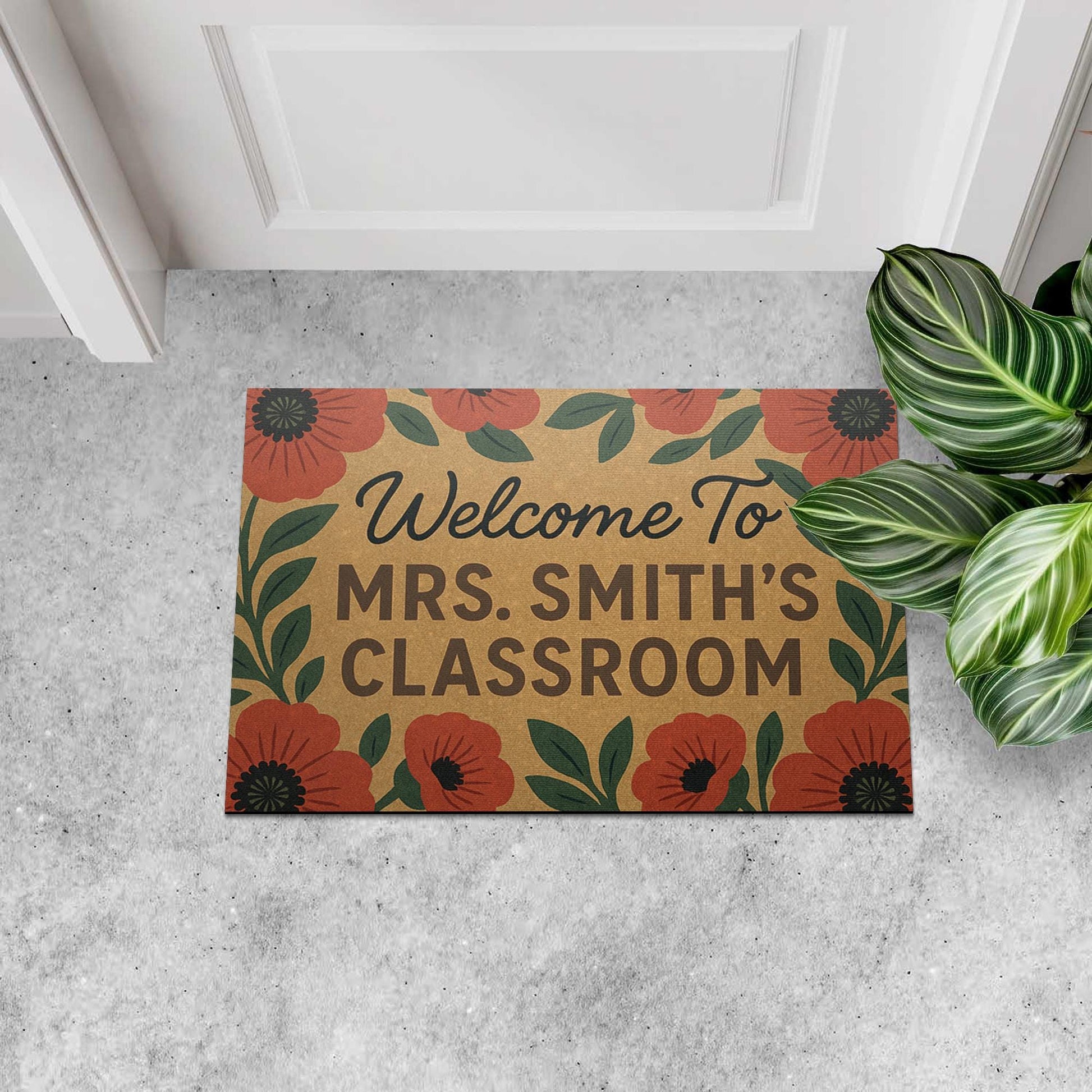 Personalized Teacher Doormat, Welcome to Classroom Rug, Custom Classroom Door Mat, Floral School Entry Decor, Teacher Doormat