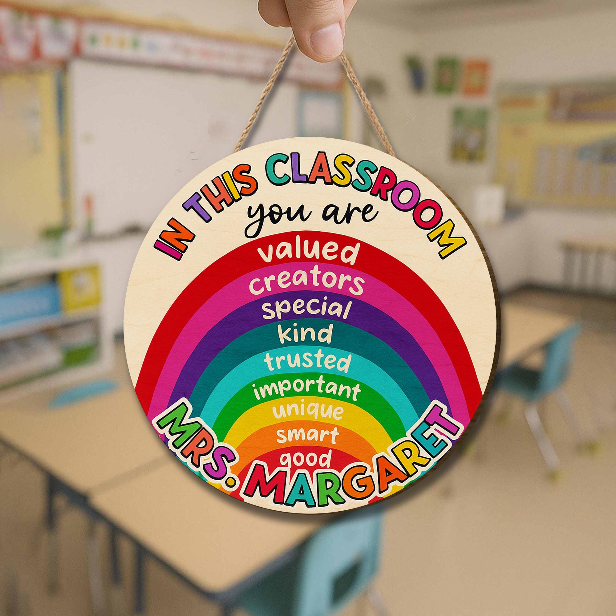 Rainbow Classroom Sign for Teachers – Personalized Door Hanger with Positive Affirmations, Back to School Custom Name Sign, Teacher Gift