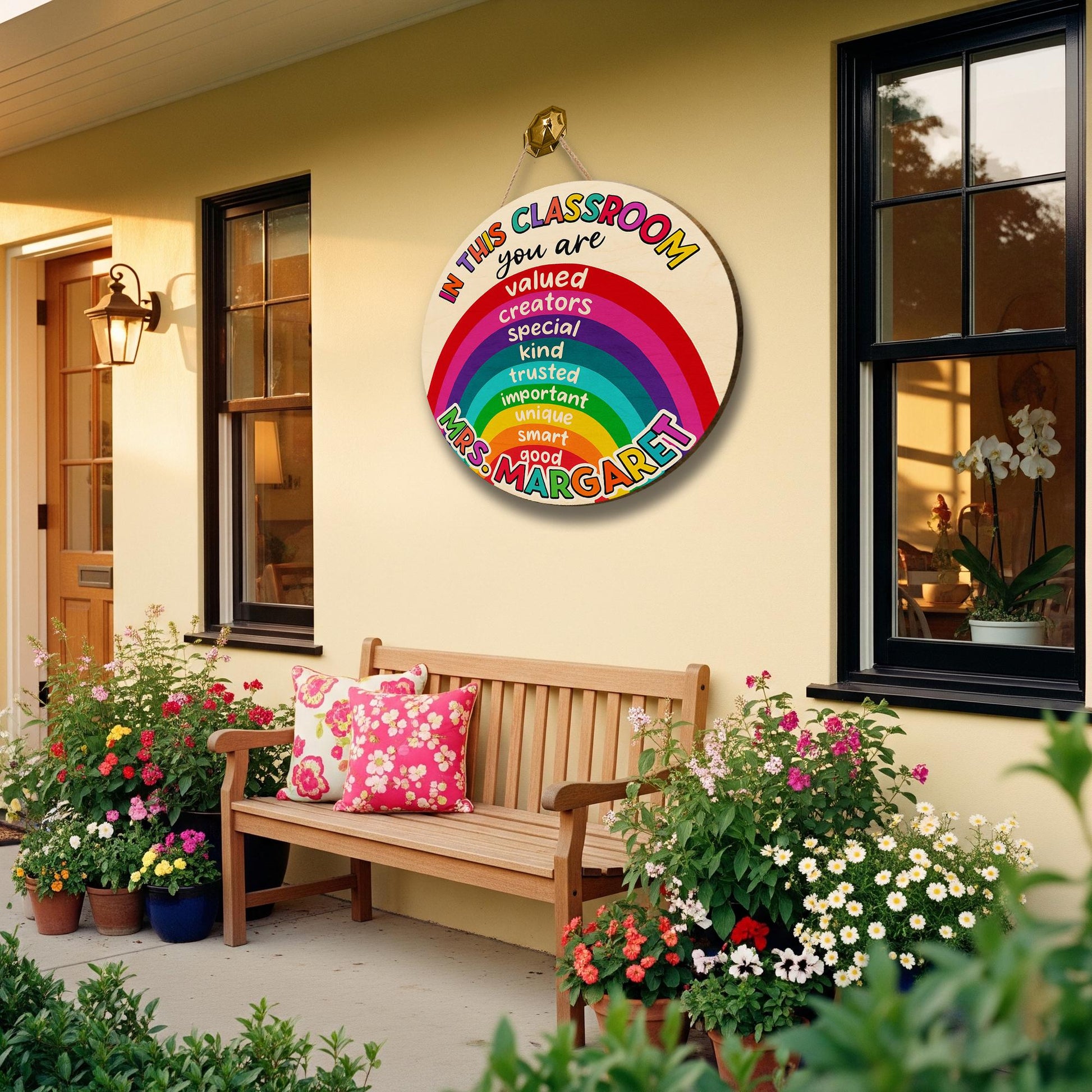 Rainbow Classroom Sign for Teachers – Personalized Door Hanger with Positive Affirmations, Back to School Custom Name Sign, Teacher Gift