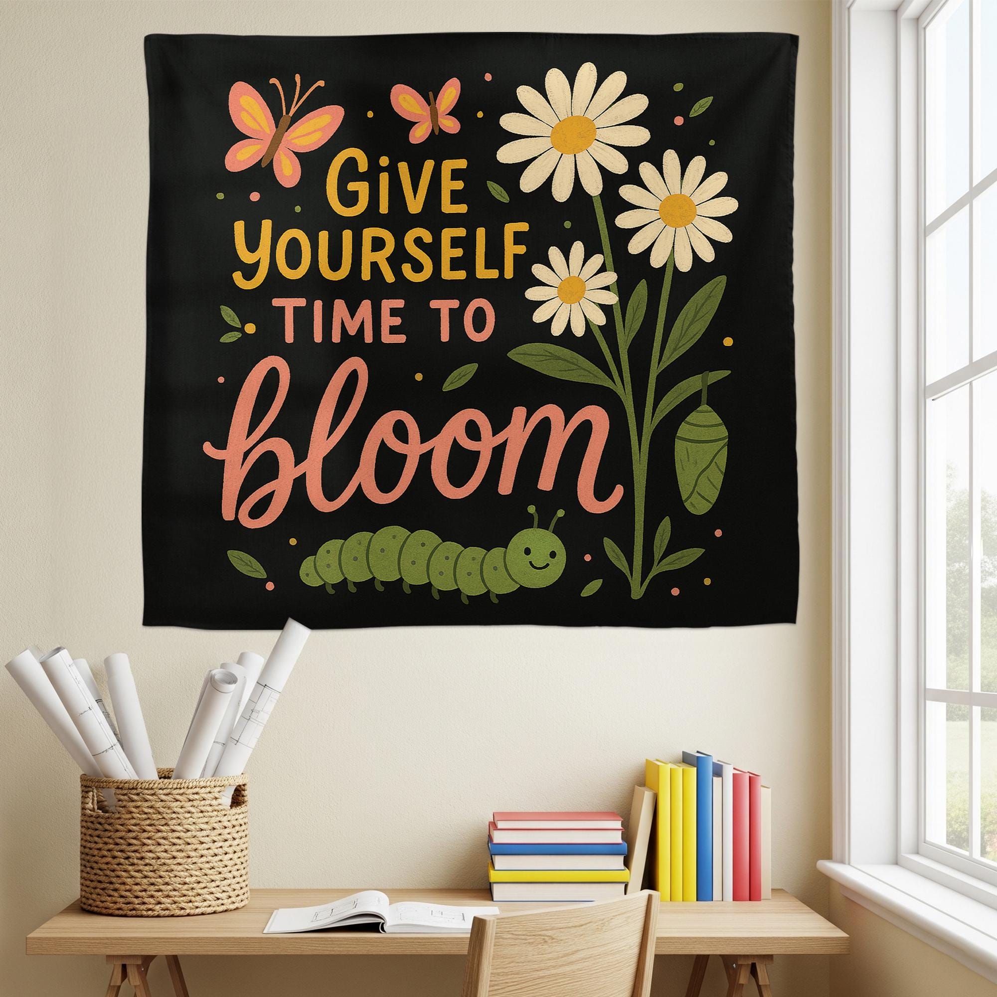Motivational Classroom Tapestry, Give Yourself Time to Bloom Wall Decor, Cute Butterfly Caterpillar Banner, Teacher Gift