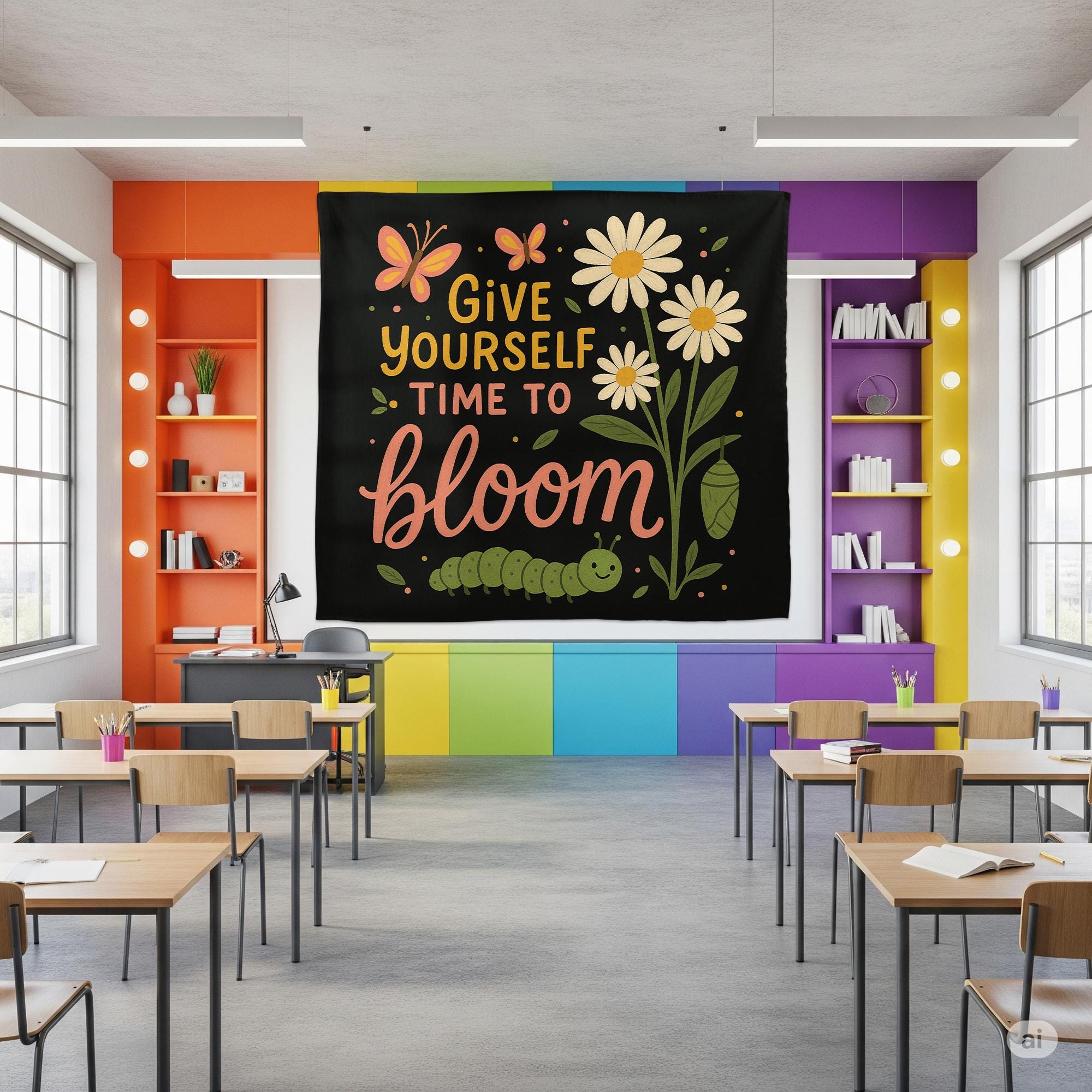 Motivational Classroom Tapestry, Give Yourself Time to Bloom Wall Decor, Cute Butterfly Caterpillar Banner, Teacher Gift