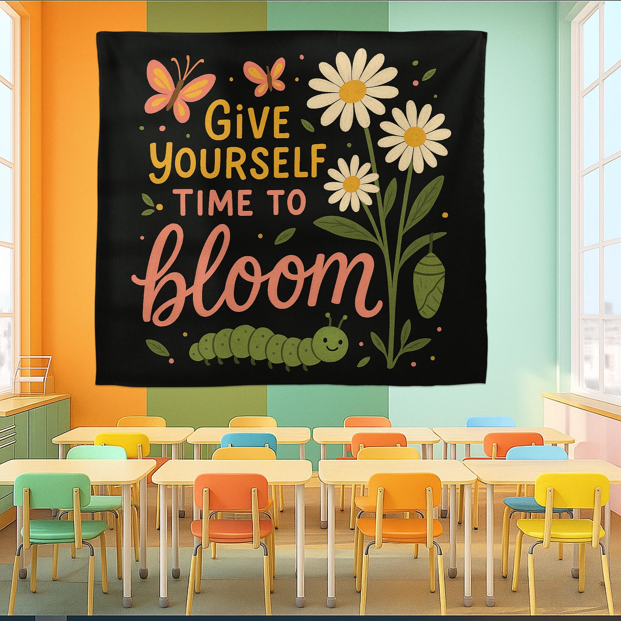 Motivational Classroom Tapestry, Give Yourself Time to Bloom Wall Decor, Cute Butterfly Caterpillar Banner, Teacher Gift