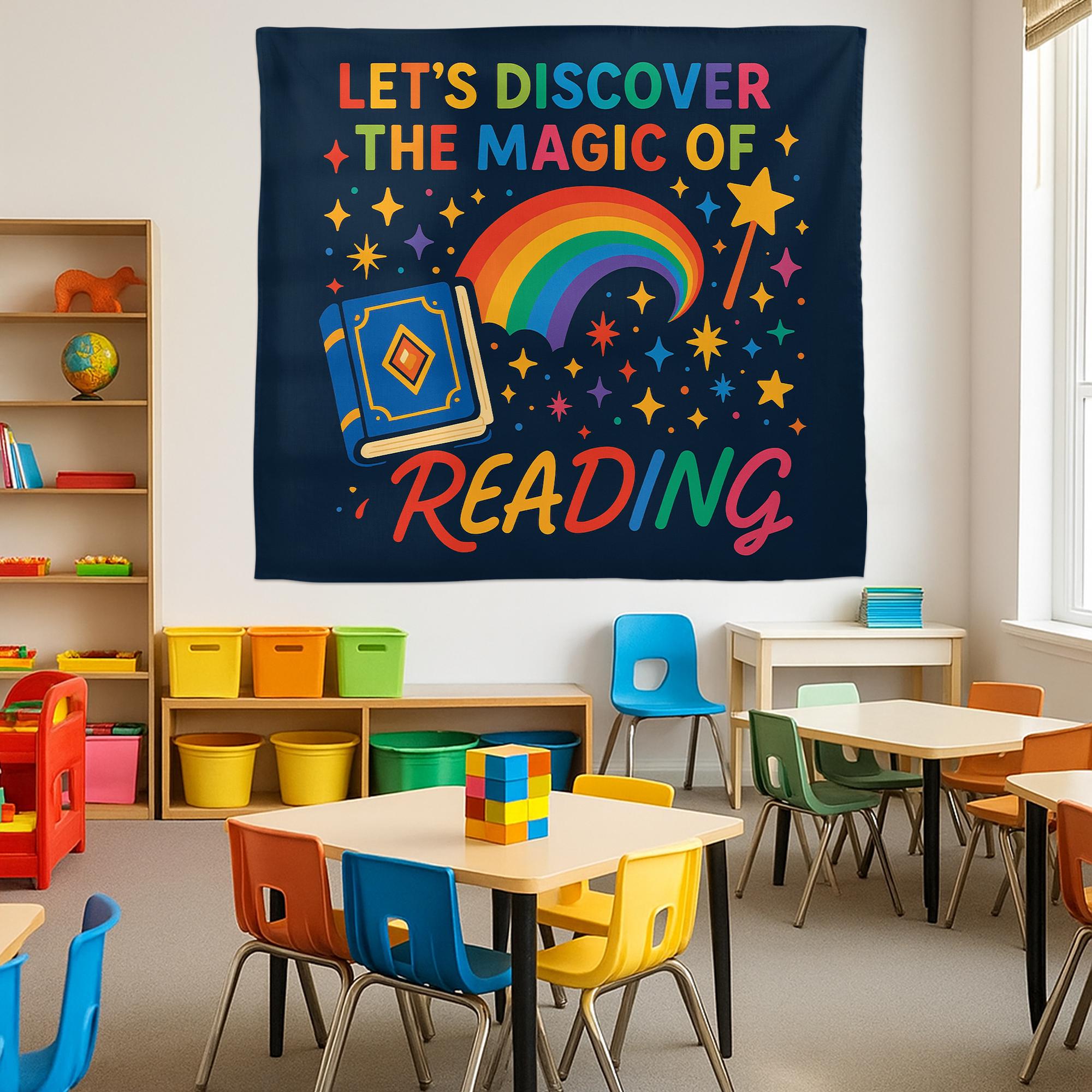 Reading Classroom Tapestry, Let's Discover the Magic of Reading Wall Decor, Rainbow Book Banner, Teacher Literacy Poster