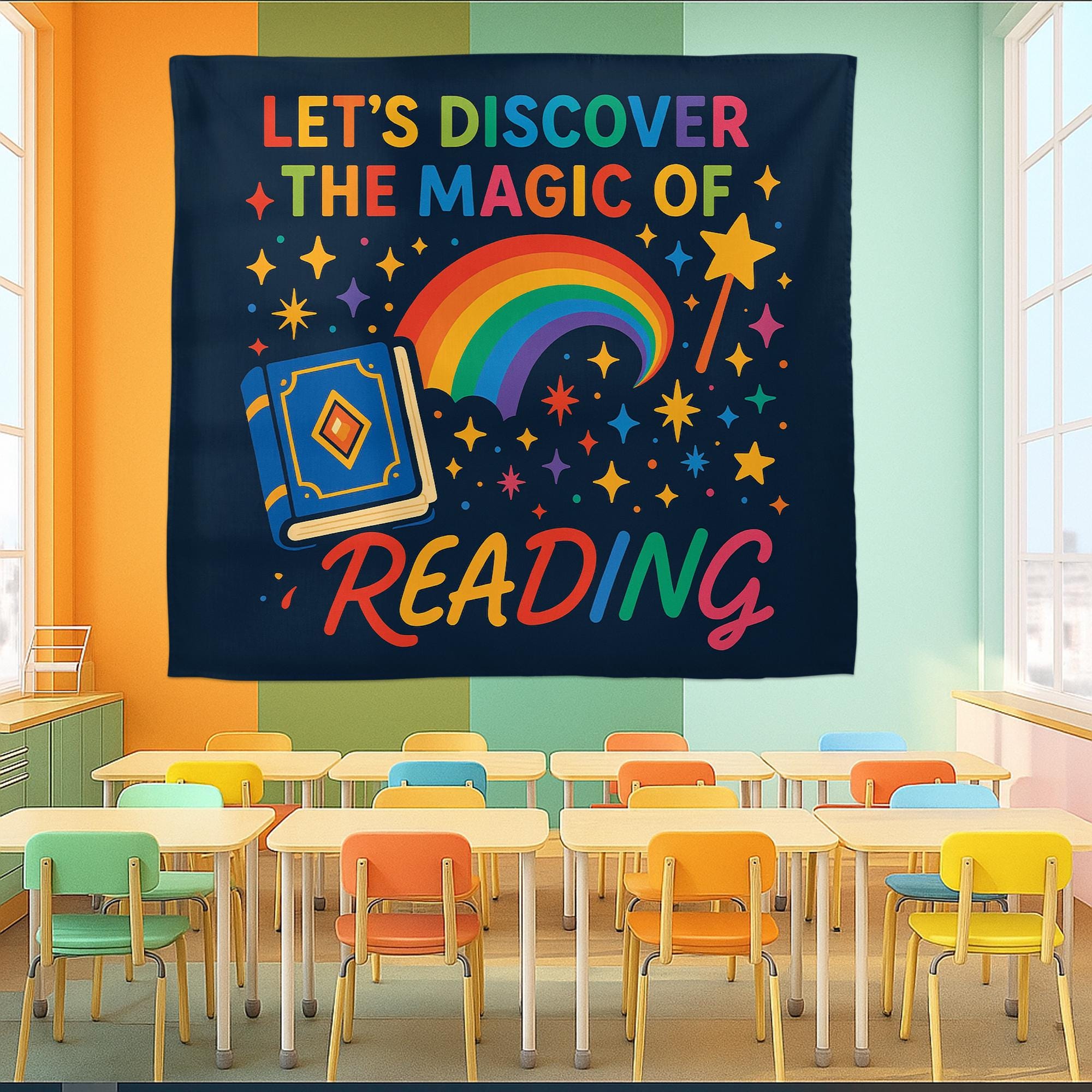 Reading Classroom Tapestry, Let's Discover the Magic of Reading Wall Decor, Rainbow Book Banner, Teacher Literacy Poster