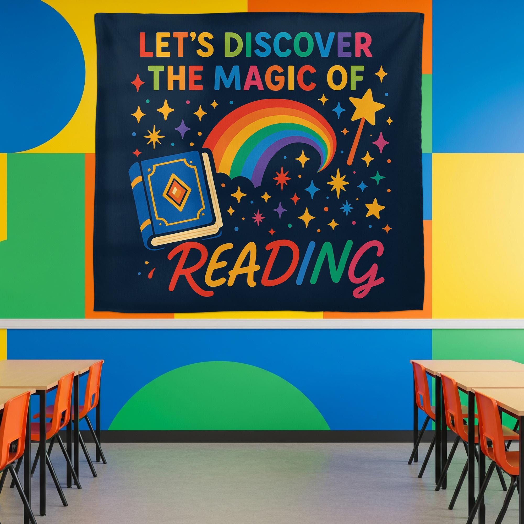 Reading Classroom Tapestry, Let's Discover the Magic of Reading Wall Decor, Rainbow Book Banner, Teacher Literacy Poster