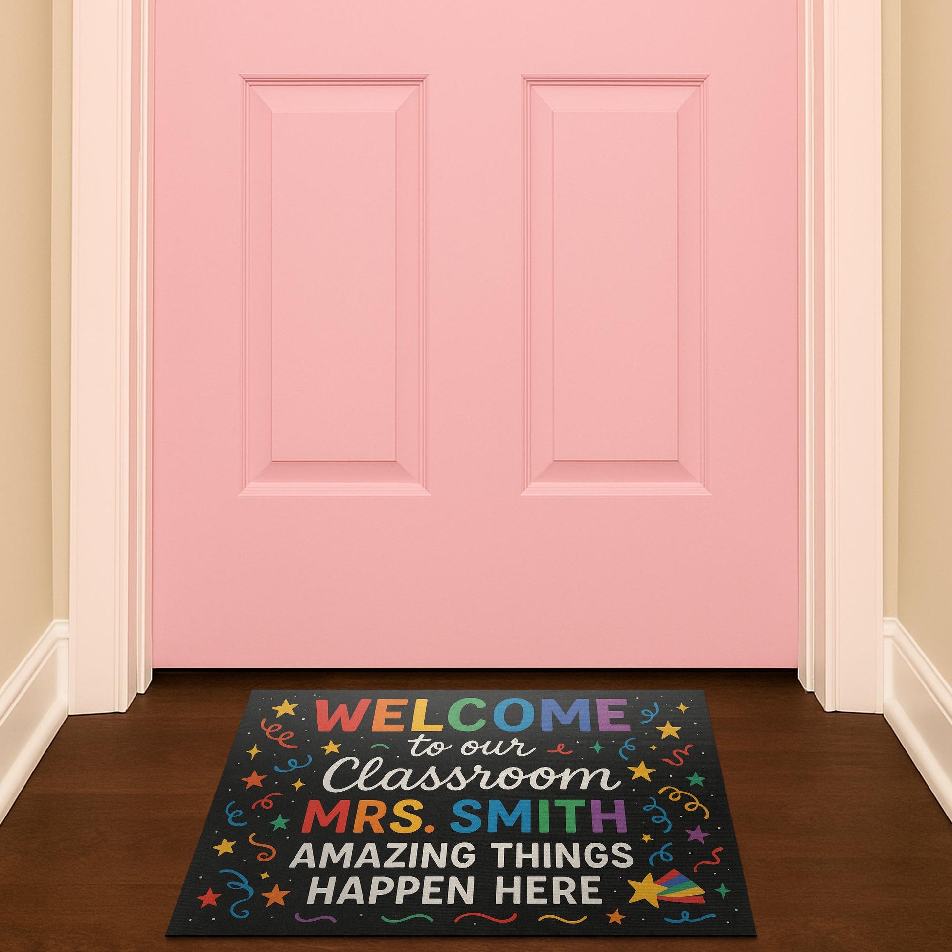 Welcome Classroom Doormat, Personalized Teacher Rug, Rainbow Confetti Door Mat, Custom Back to School Decor, Teacher Gift