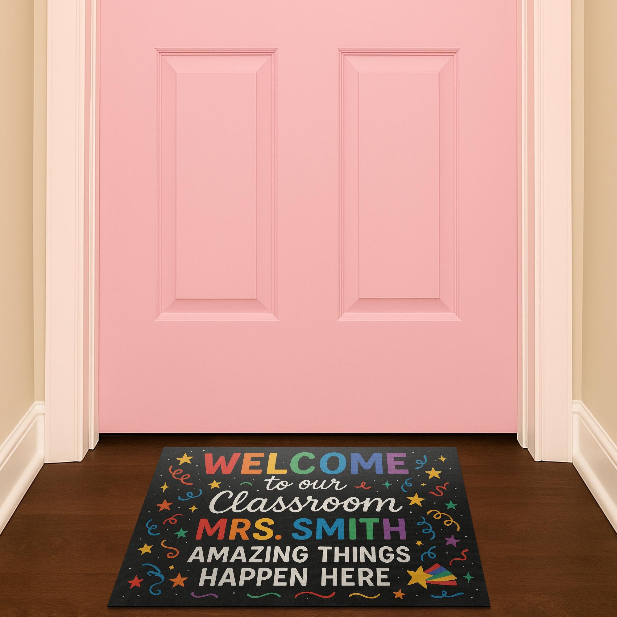 Welcome Classroom Doormat, Personalized Teacher Rug, Rainbow Confetti Door Mat, Custom Back to School Decor, Teacher Gift