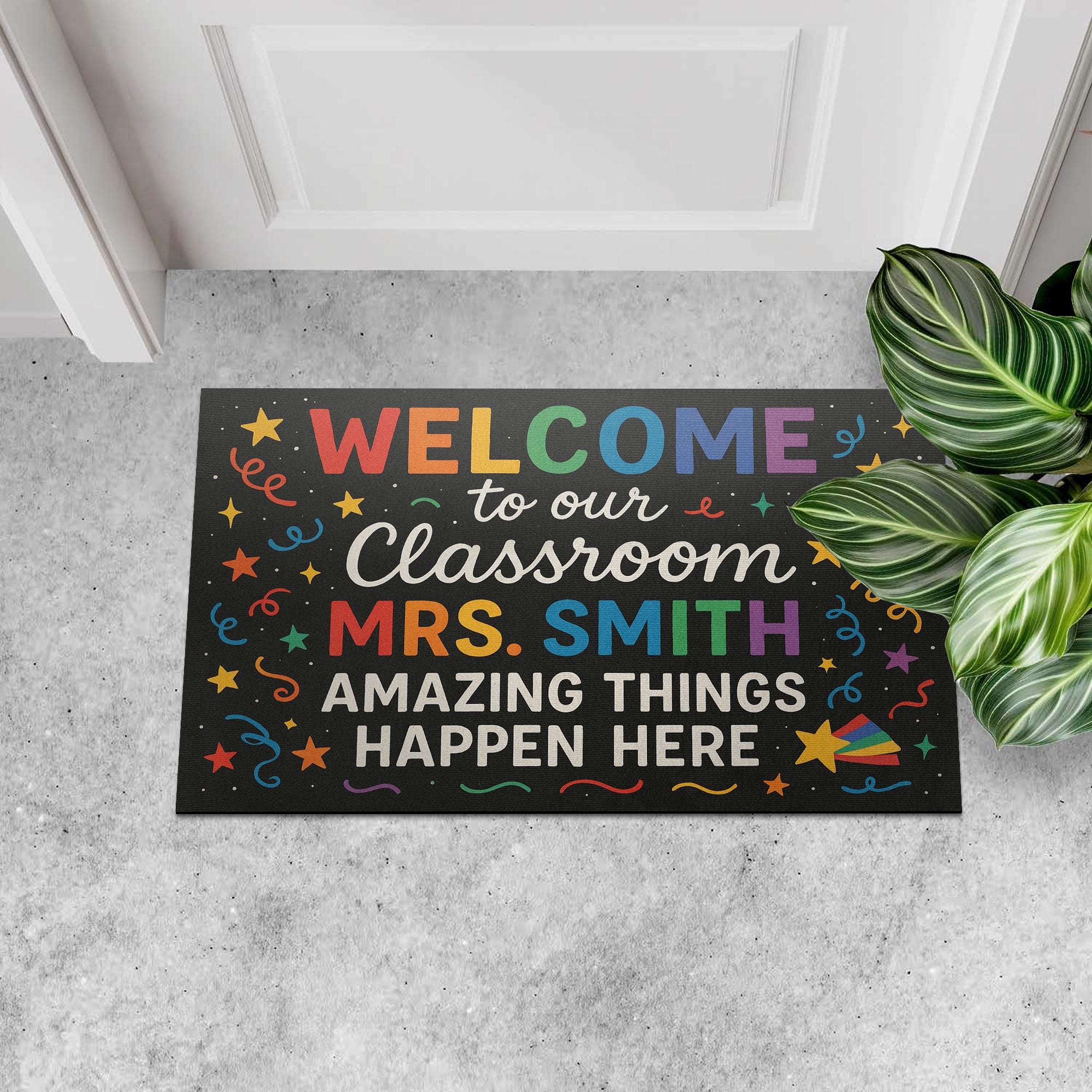 Welcome Classroom Doormat, Personalized Teacher Rug, Rainbow Confetti Door Mat, Custom Back to School Decor, Teacher Gift