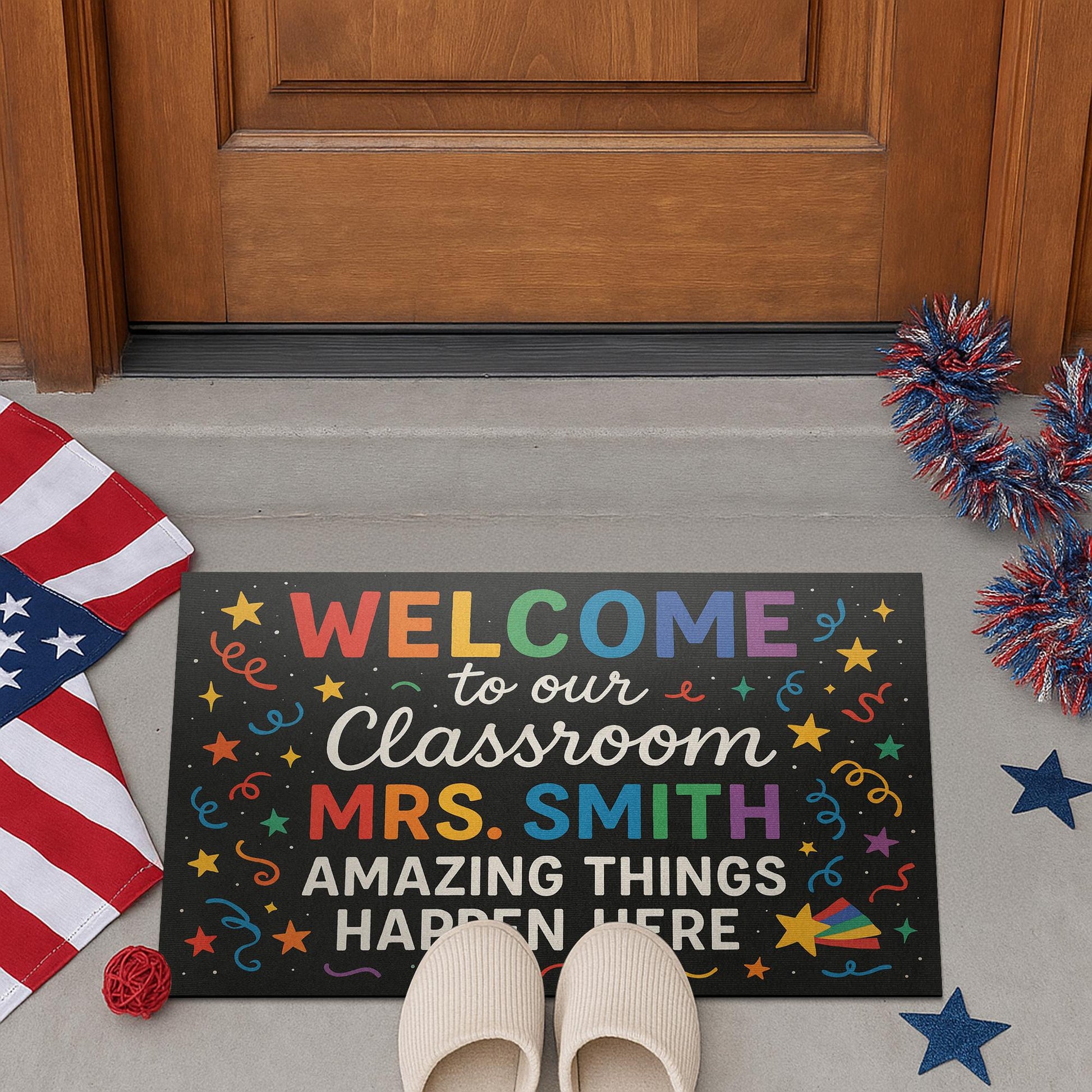 Welcome Classroom Doormat, Personalized Teacher Rug, Rainbow Confetti Door Mat, Custom Back to School Decor, Teacher Gift