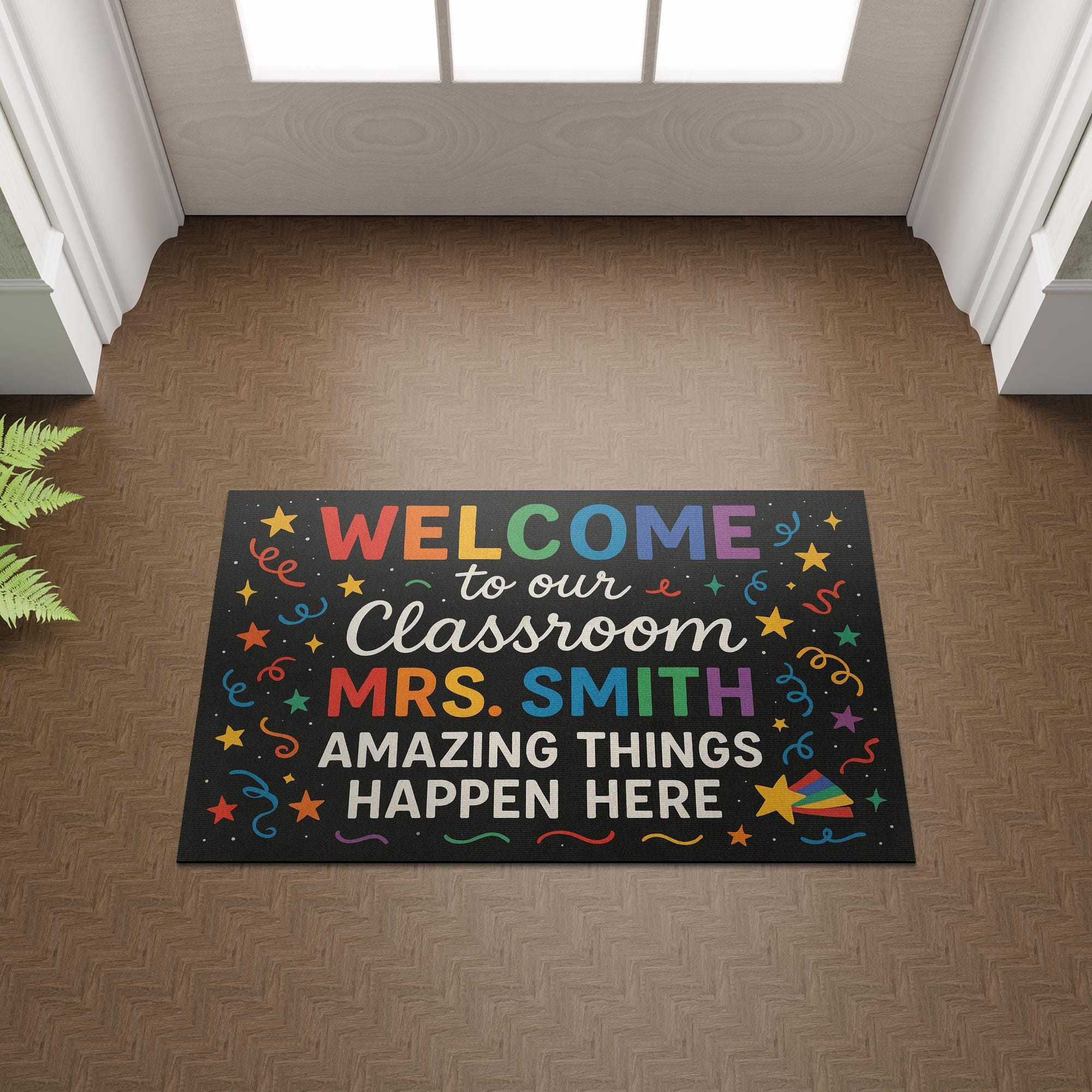 Welcome Classroom Doormat, Personalized Teacher Rug, Rainbow Confetti Door Mat, Custom Back to School Decor, Teacher Gift