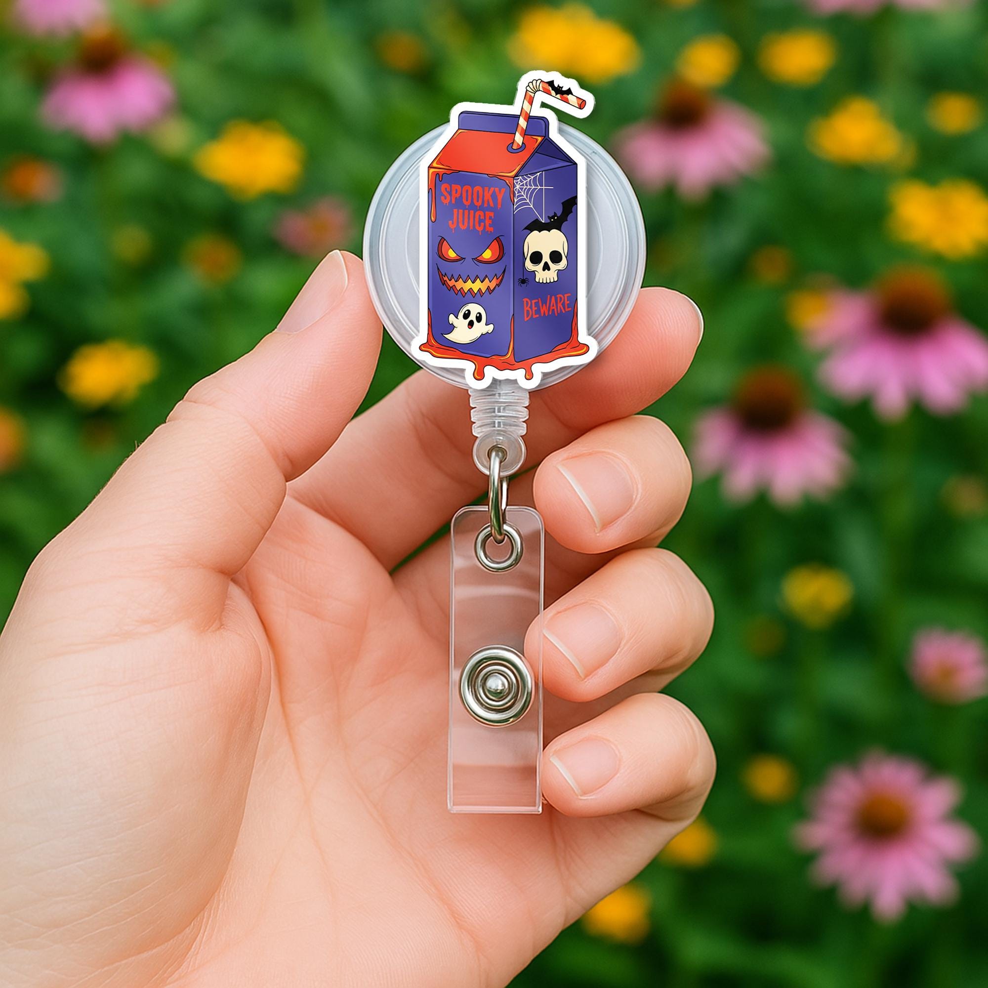Spooky Juice Badge Reel – Halloween Retractable ID Holder with Skull Carton Design, Cute Creepy Nurse Badge Clip, Fall Office Accessory