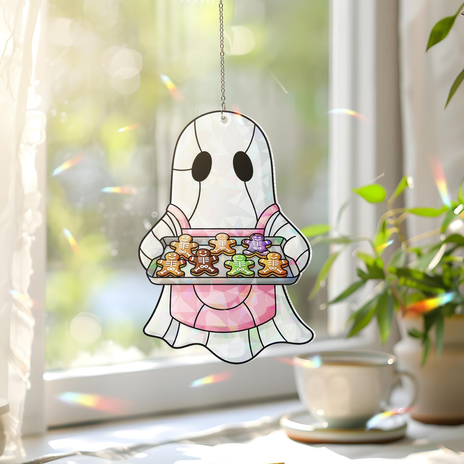 Ghost Baker Suncatcher – Holographic Window Hanging with Halloween Cookies, Cute Fall Ghost Kitchen Decor, Spooky Holiday Window Art