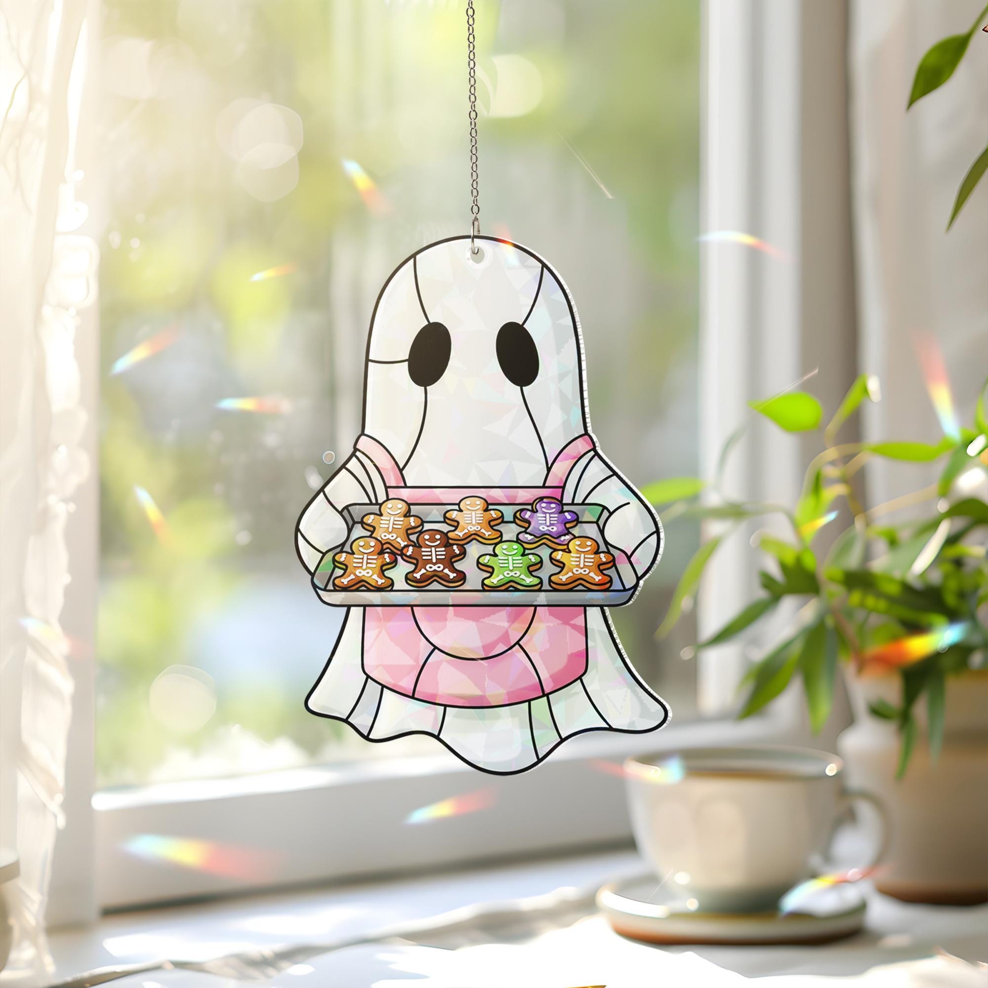 Ghost Baker Suncatcher – Holographic Window Hanging with Halloween Cookies, Cute Fall Ghost Kitchen Decor, Spooky Holiday Window Art