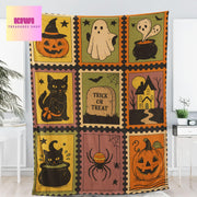 Retro Halloween Fleece Blanket - Spooky Ghost Cat Pumpkin Decor - Trick or Treat Cozy Throw - Cute Goth Fall Blanket Gift