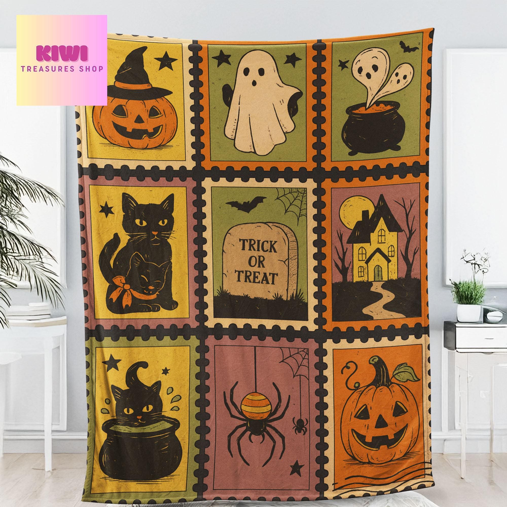 Retro Halloween Fleece Blanket - Spooky Ghost Cat Pumpkin Decor - Trick or Treat Cozy Throw - Cute Goth Fall Blanket Gift