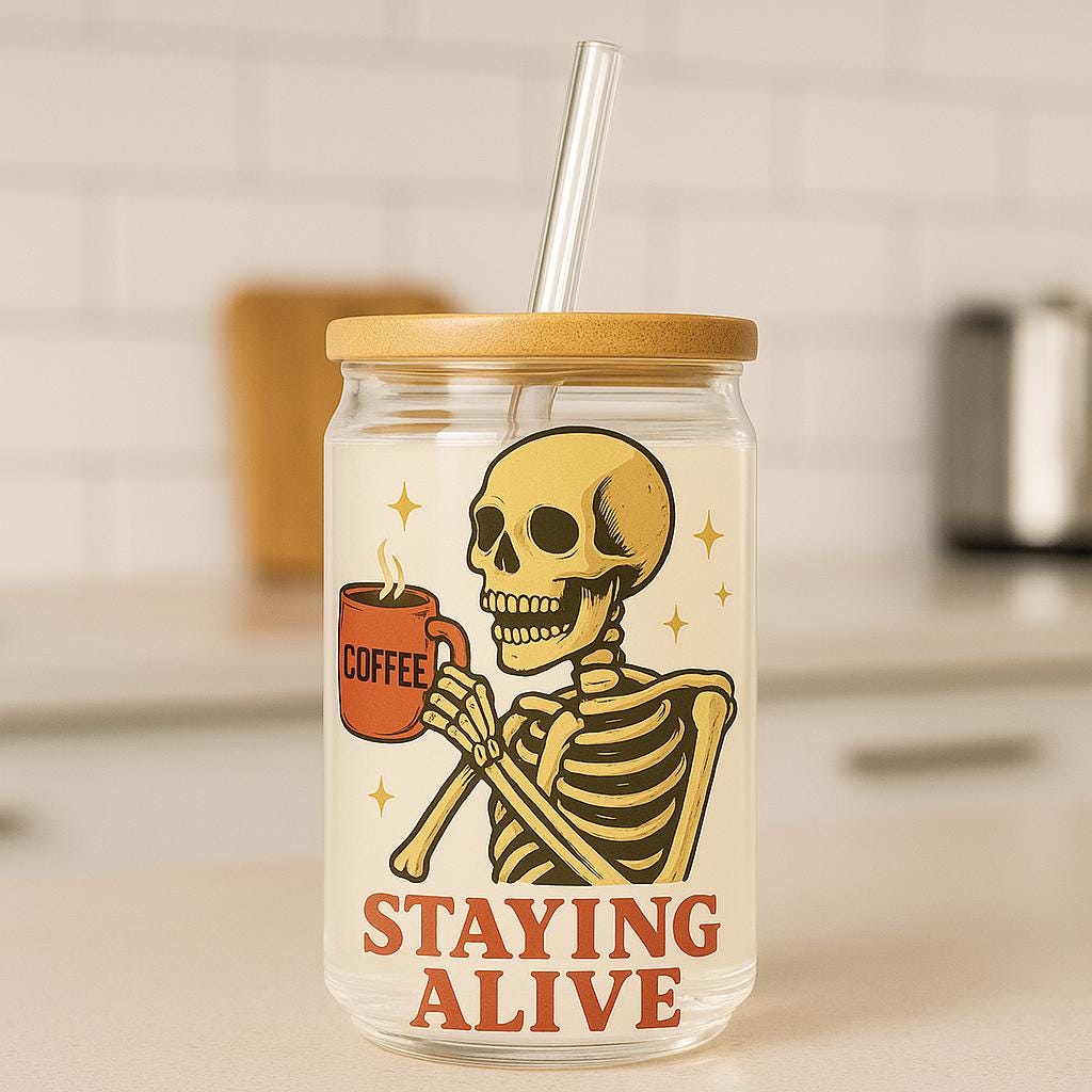 Staying Alive Skeleton Sipper Glass – Funny Halloween Iced Coffee Cup – Retro Goth Sipper – Gift for Coffee Lovers – Spooky Glass Tumbler