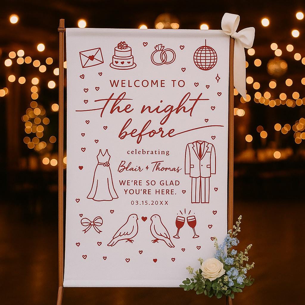 Custom Wedding Welcome Sign – The Night Before Party Banner – Personalized Rehearsal Dinner Decor – Pre-Wedding Sign with Names & Date