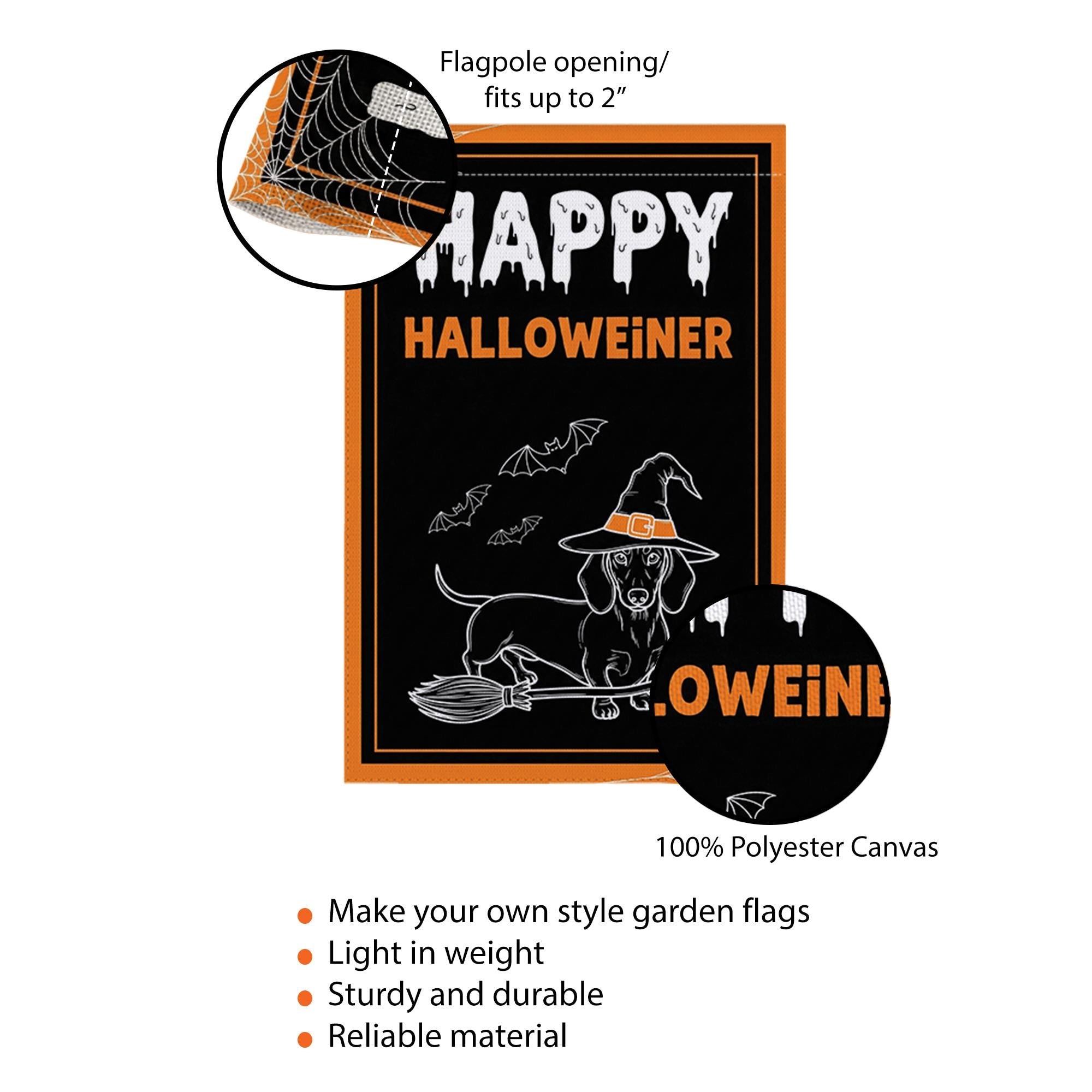 Happy Halloweiner Garden Flag – Funny Halloween Dachshund Decor, Witch Dog Broom Design, Fall Outdoor Yard Decoration, Dachshund Lover Gift