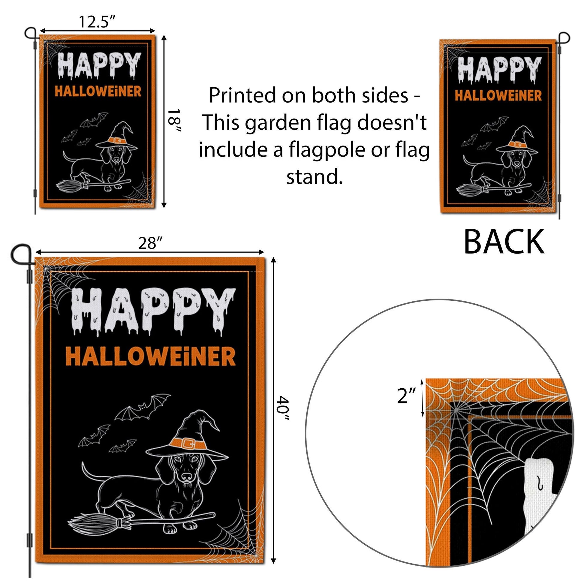 Happy Halloweiner Garden Flag – Funny Halloween Dachshund Decor, Witch Dog Broom Design, Fall Outdoor Yard Decoration, Dachshund Lover Gift