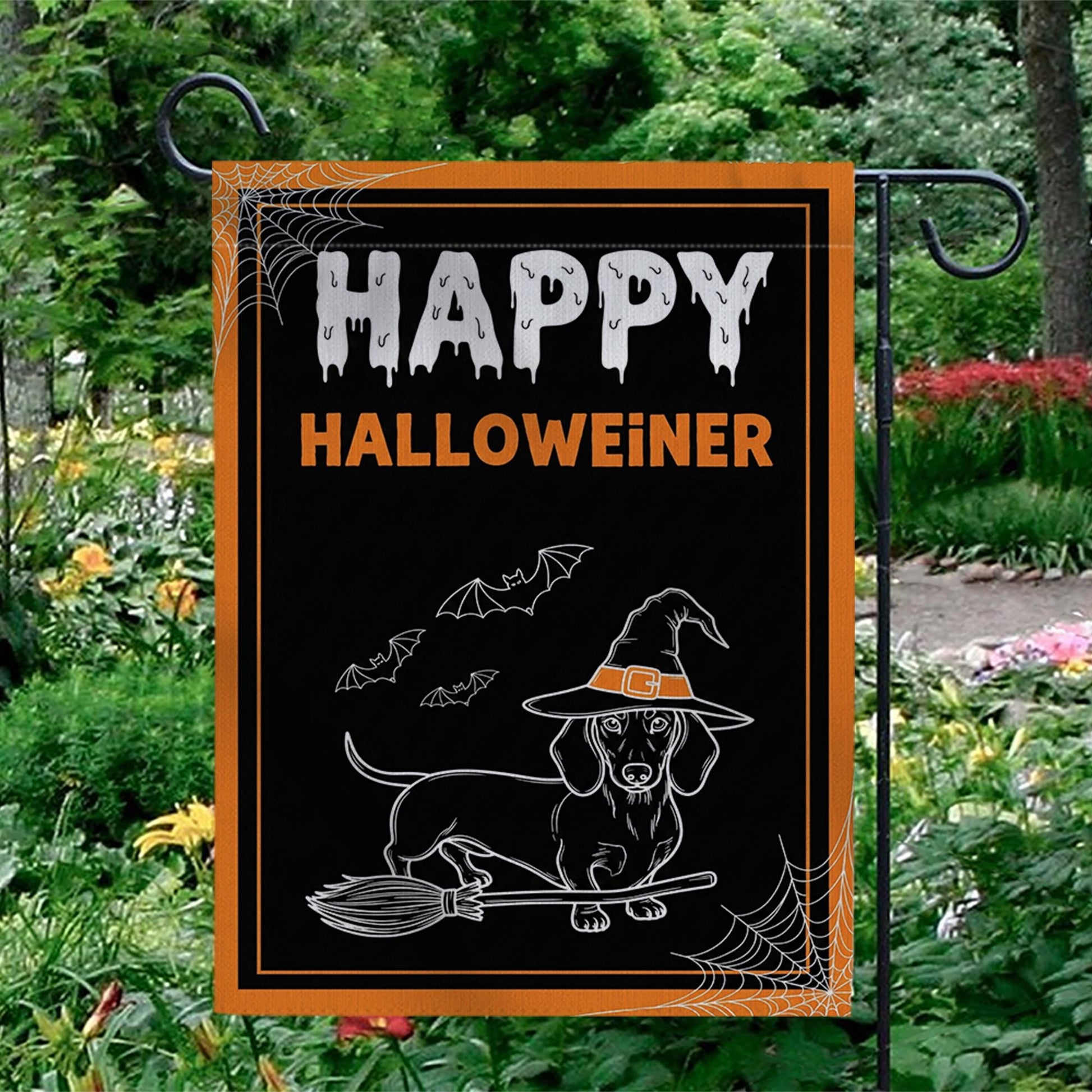 Happy Halloweiner Garden Flag – Funny Halloween Dachshund Decor, Witch Dog Broom Design, Fall Outdoor Yard Decoration, Dachshund Lover Gift