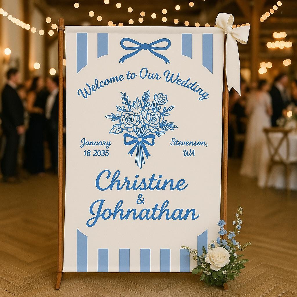Custom Wedding Welcome Sign – Blue Floral Personalized Sign with Names, Date & Location – Elegant Reception Decor – Ceremony Entrance Banner