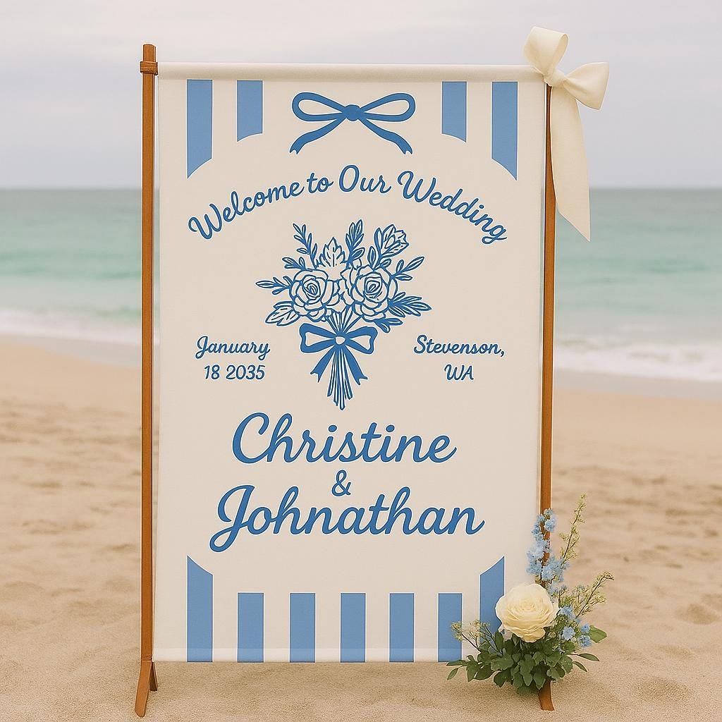 Custom Wedding Welcome Sign – Blue Floral Personalized Sign with Names, Date & Location – Elegant Reception Decor – Ceremony Entrance Banner