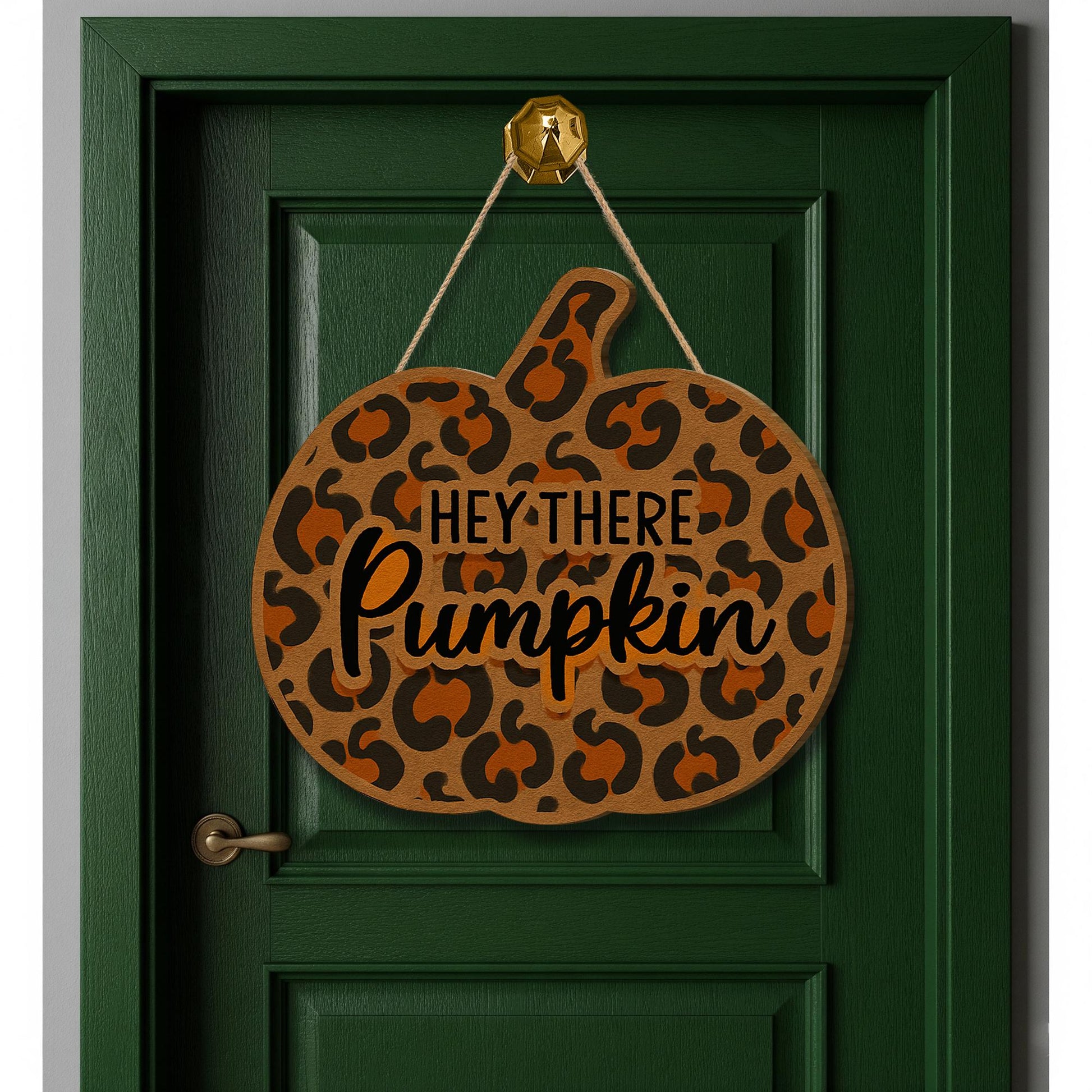 Hey There Pumpkin Door Sign – Leopard Print Fall Decor – Cute Autumn Pumpkin Sign – Rustic Farmhouse Door Hanger – Fall Entryway Decor