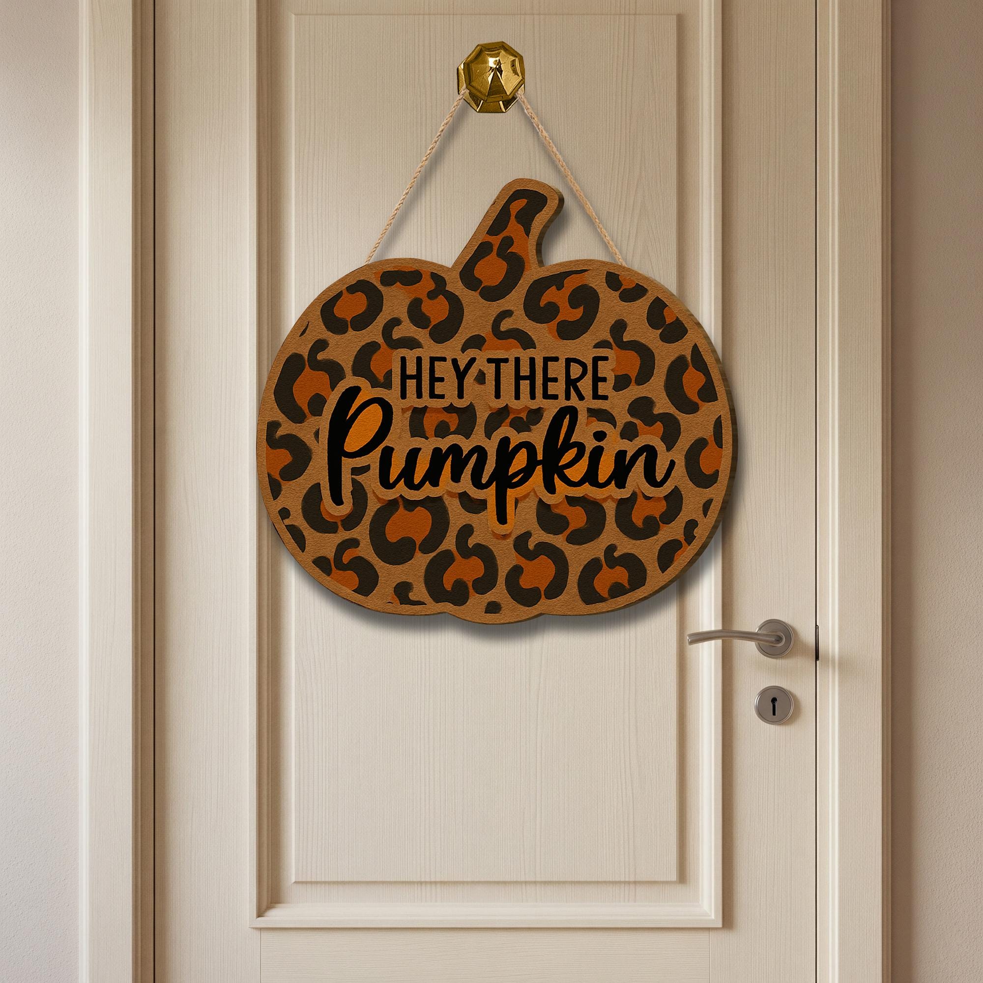 Hey There Pumpkin Door Sign – Leopard Print Fall Decor – Cute Autumn Pumpkin Sign – Rustic Farmhouse Door Hanger – Fall Entryway Decor
