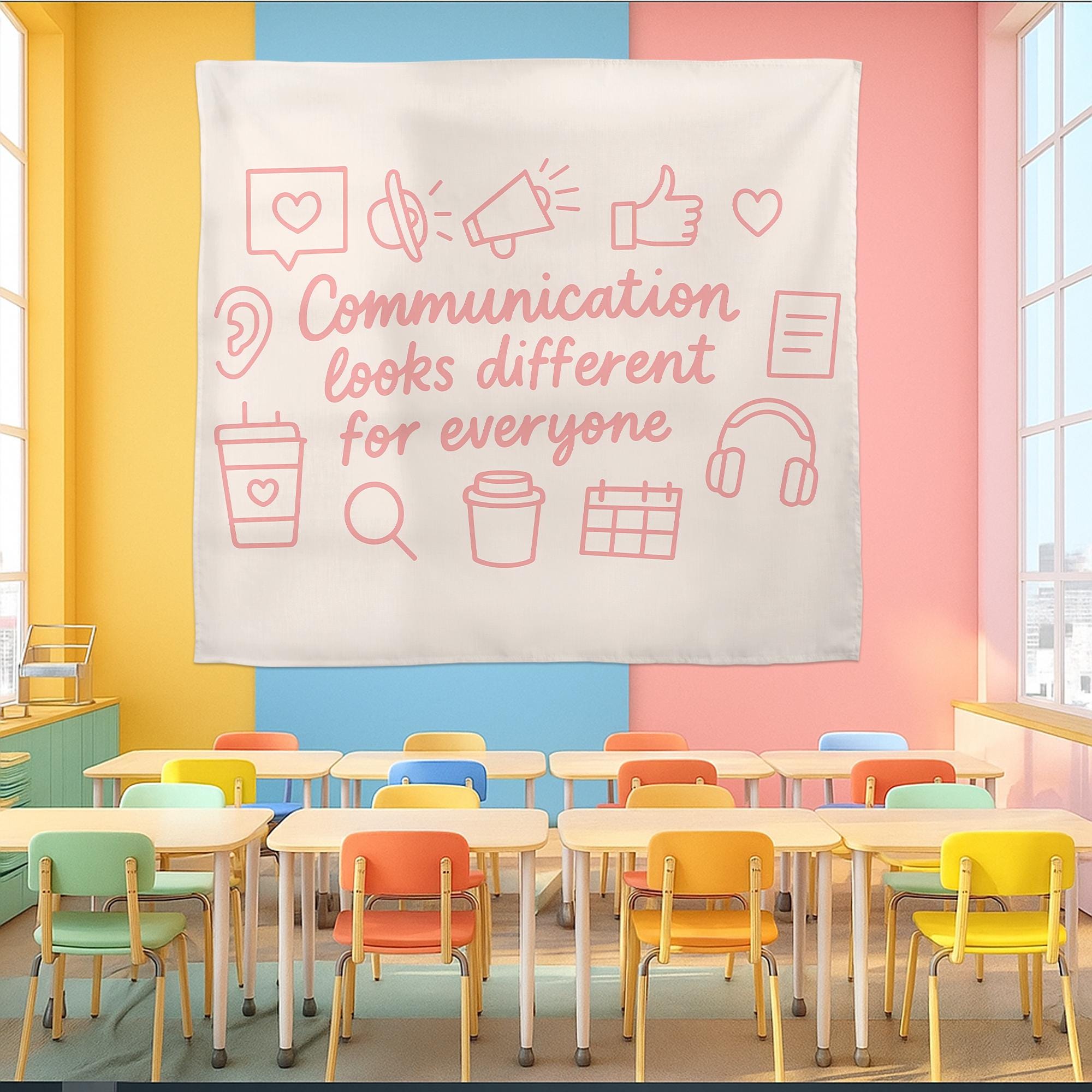Communication Looks Different for Everyone Wall Flag – Inclusive Classroom Decor, Neurodiversity Awareness Banner, Speech Therapy Sign