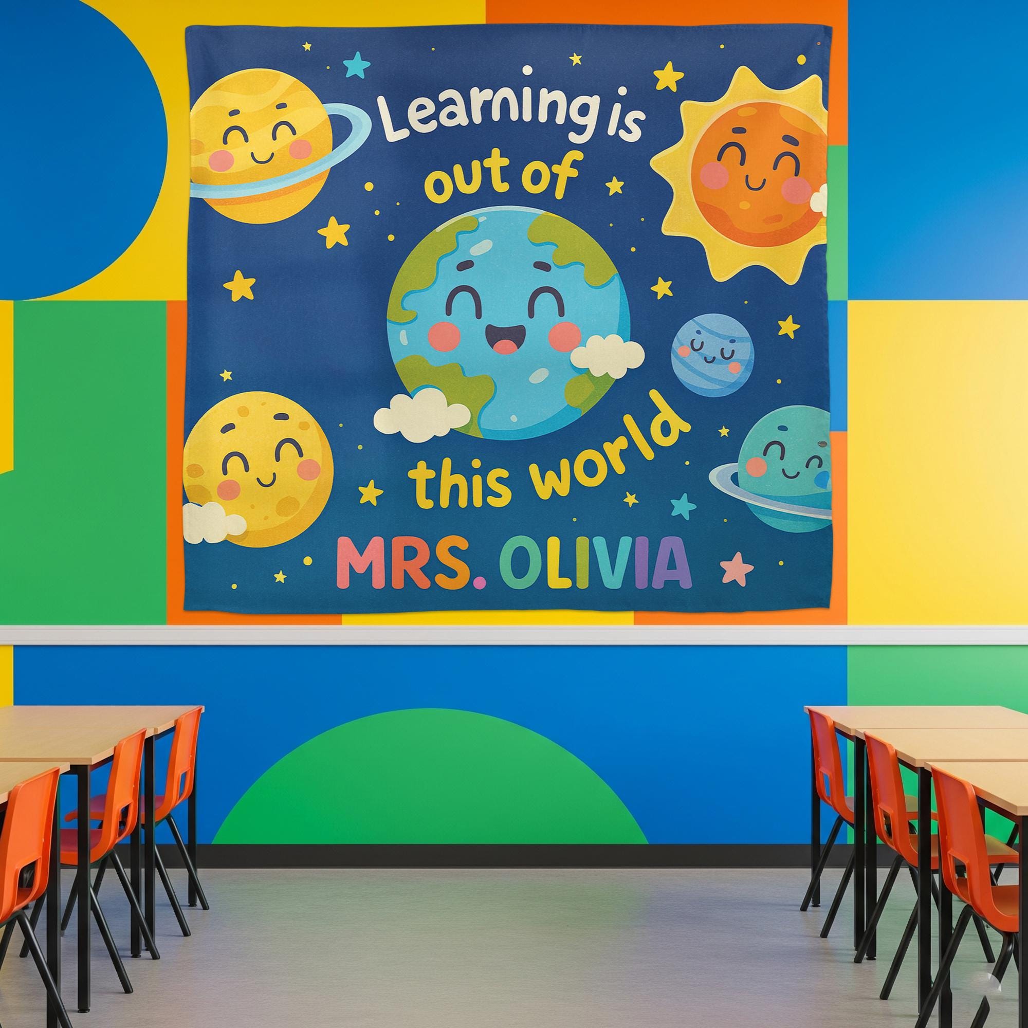 Out of This World Classroom Banner – Personalized Outer Space Teacher Wall Decor, Planet Theme Back to School Sign, Teacher, Educators Gift