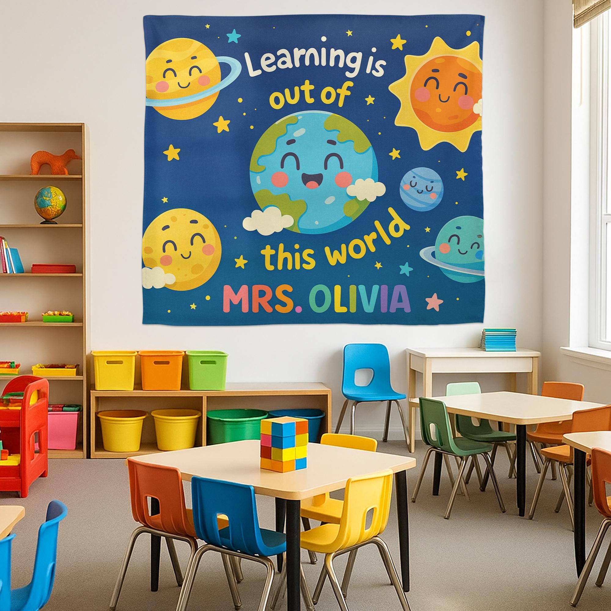 Out of This World Classroom Banner – Personalized Outer Space Teacher Wall Decor, Planet Theme Back to School Sign, Teacher, Educators Gift