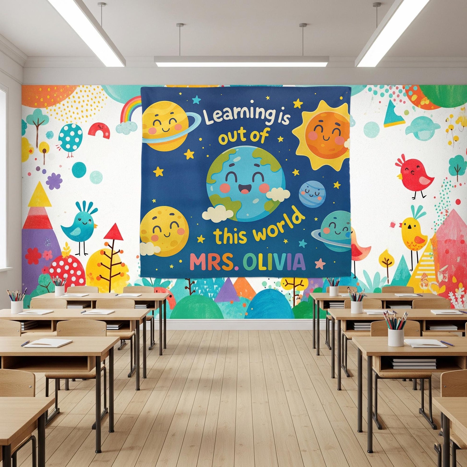 Out of This World Classroom Banner – Personalized Outer Space Teacher Wall Decor, Planet Theme Back to School Sign, Teacher, Educators Gift