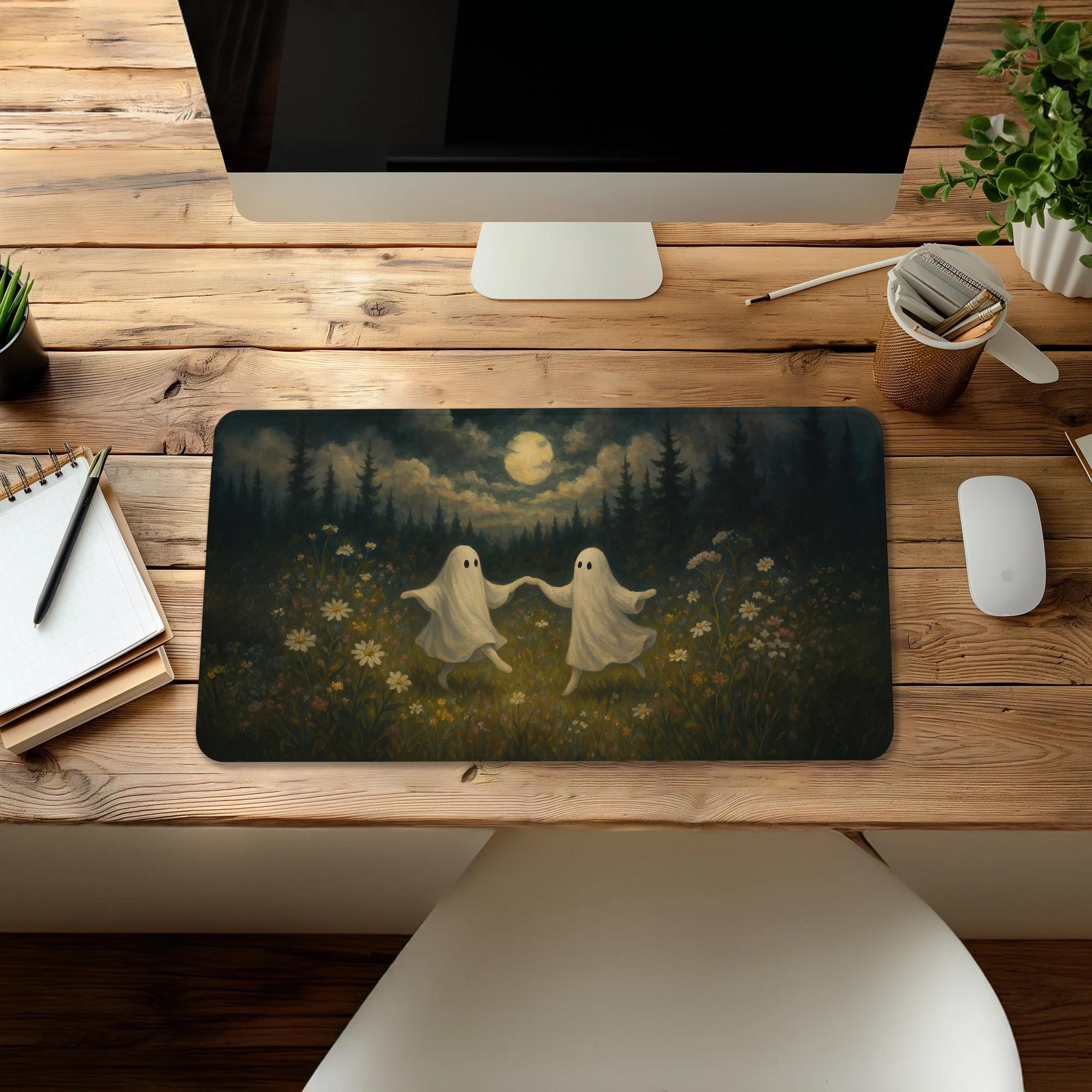 Cottagecore Ghost Mouse Pad – Spooky Cute Desk Mat – Ghosts in Forest Aesthetic – Cozy Halloween Mousepad – Whimsical Office Decor