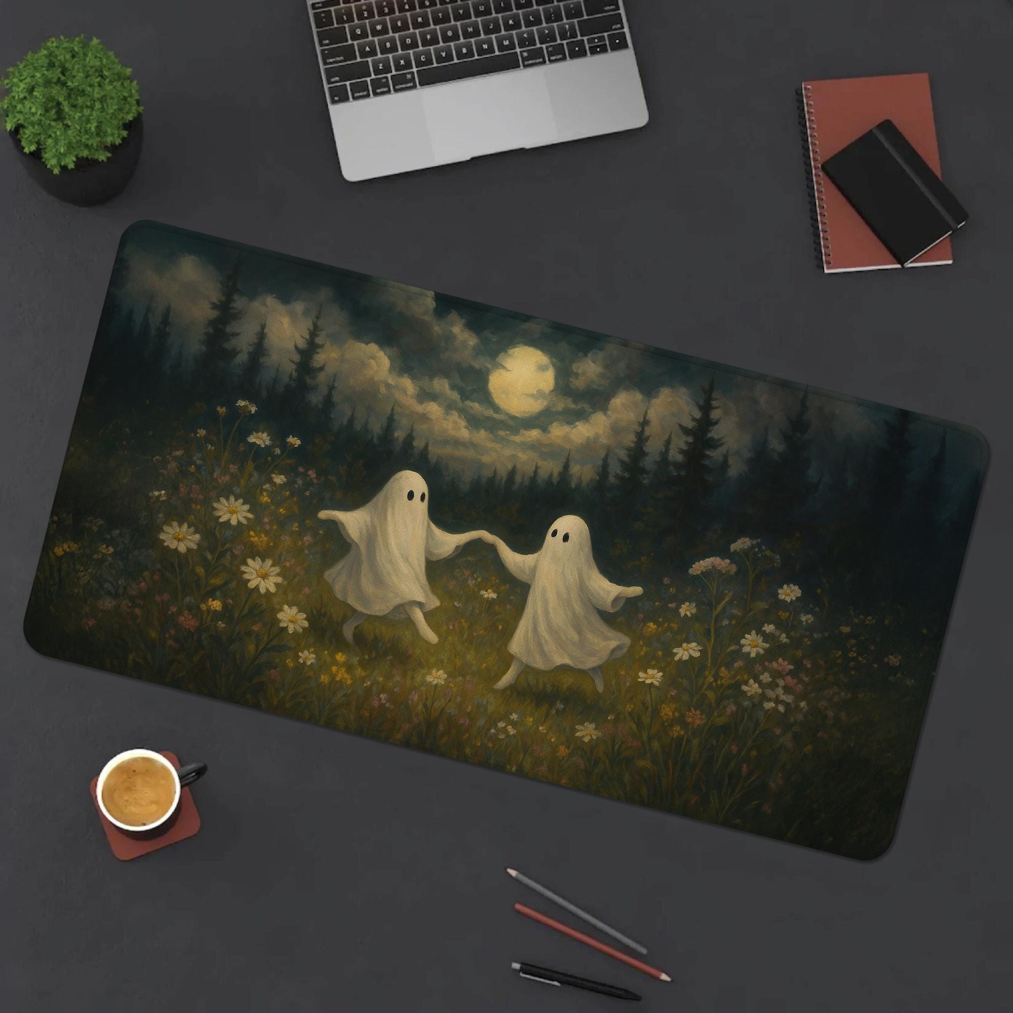 Cottagecore Ghost Mouse Pad – Spooky Cute Desk Mat – Ghosts in Forest Aesthetic – Cozy Halloween Mousepad – Whimsical Office Decor