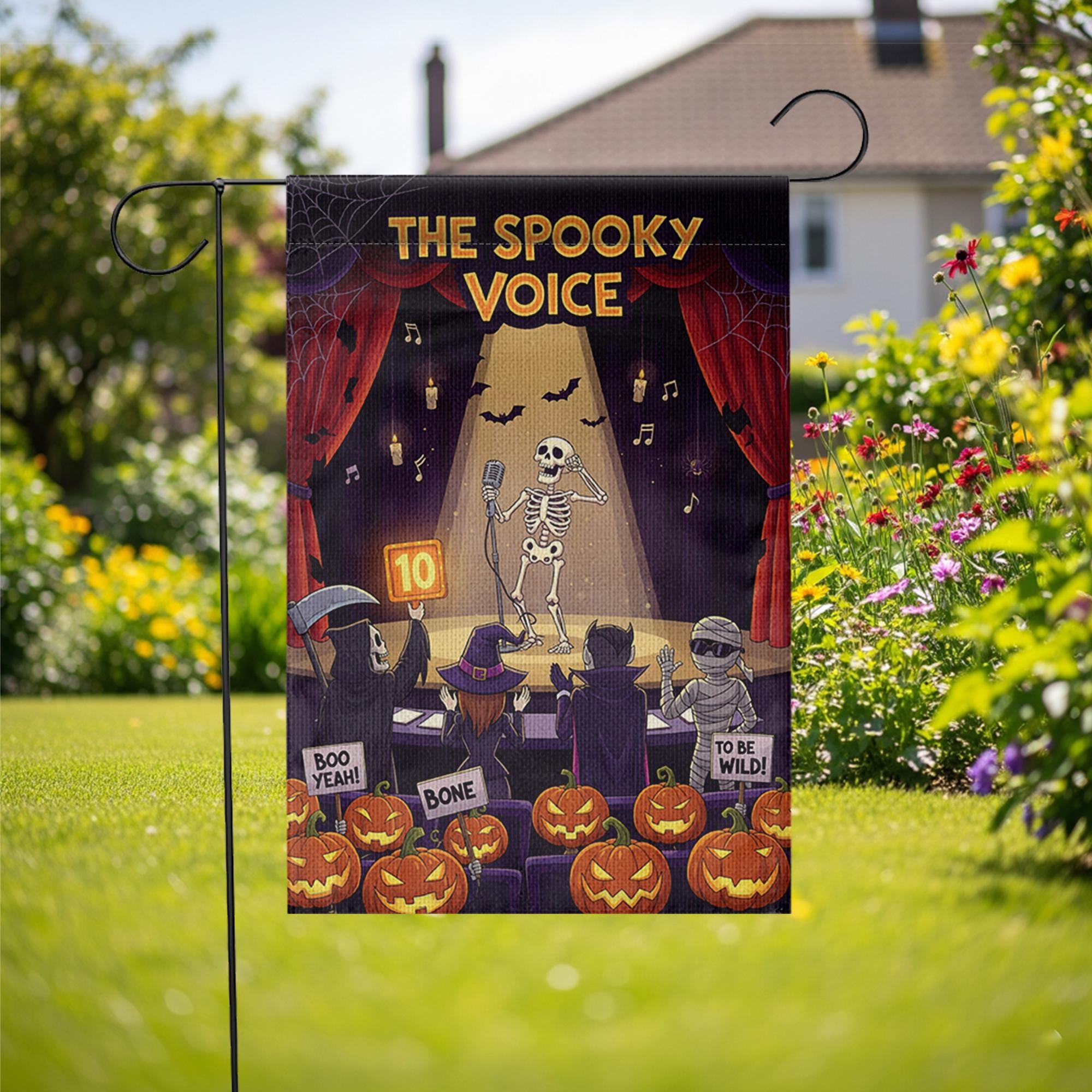 Funny Halloween Garden Flag – The Spooky Voice Singing Skeleton – Yard Decor with Pumpkins & Judges – Fall Outdoor Decoration