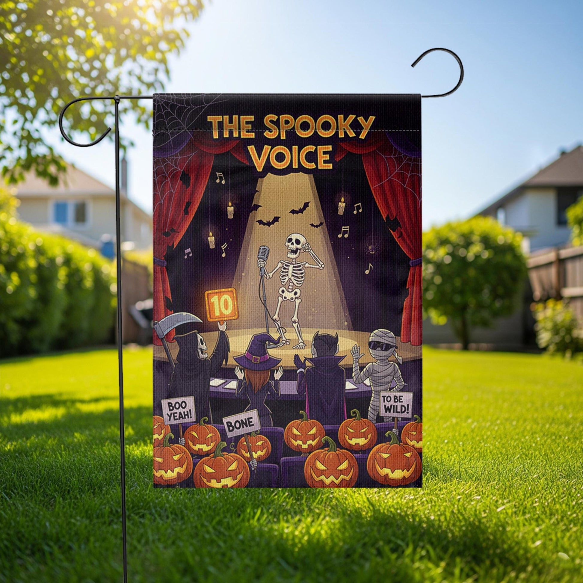 Funny Halloween Garden Flag – The Spooky Voice Singing Skeleton – Yard Decor with Pumpkins & Judges – Fall Outdoor Decoration