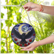 Gothic Raven Sun Catcher – Stained Glass Moon & Bats Window Hanging – Dark Crow with Red Roses – Witchy Window Decor
