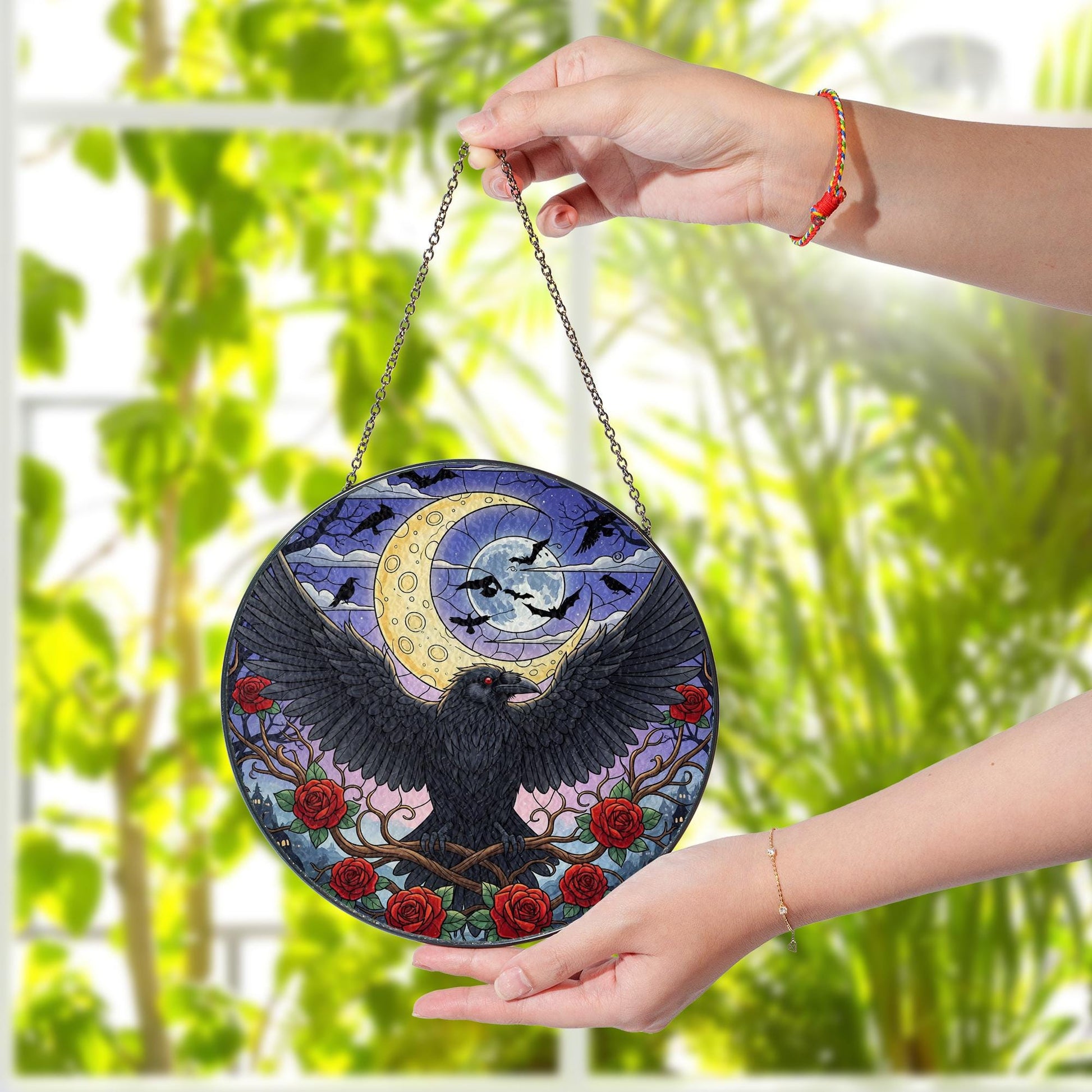 Gothic Raven Sun Catcher – Stained Glass Moon & Bats Window Hanging – Dark Crow with Red Roses – Witchy Window Decor