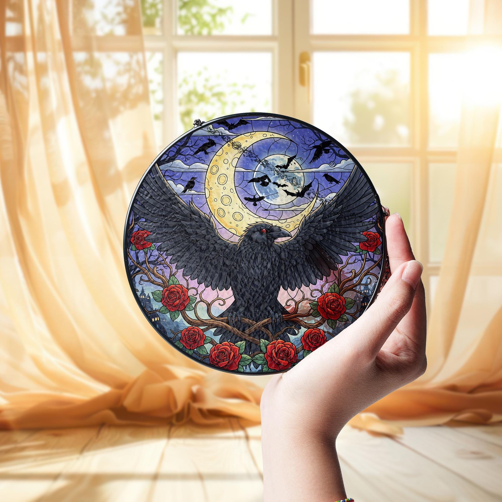 Gothic Raven Sun Catcher – Stained Glass Moon & Bats Window Hanging – Dark Crow with Red Roses – Witchy Window Decor