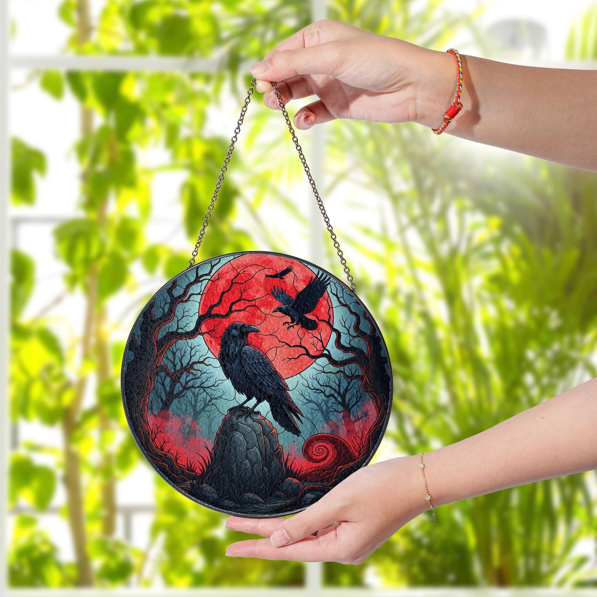 Red Moon Raven Sun Catcher – Gothic Crow Window Hanging – Stained Glass Halloween Decor – Spooky Witchy Gift for Her