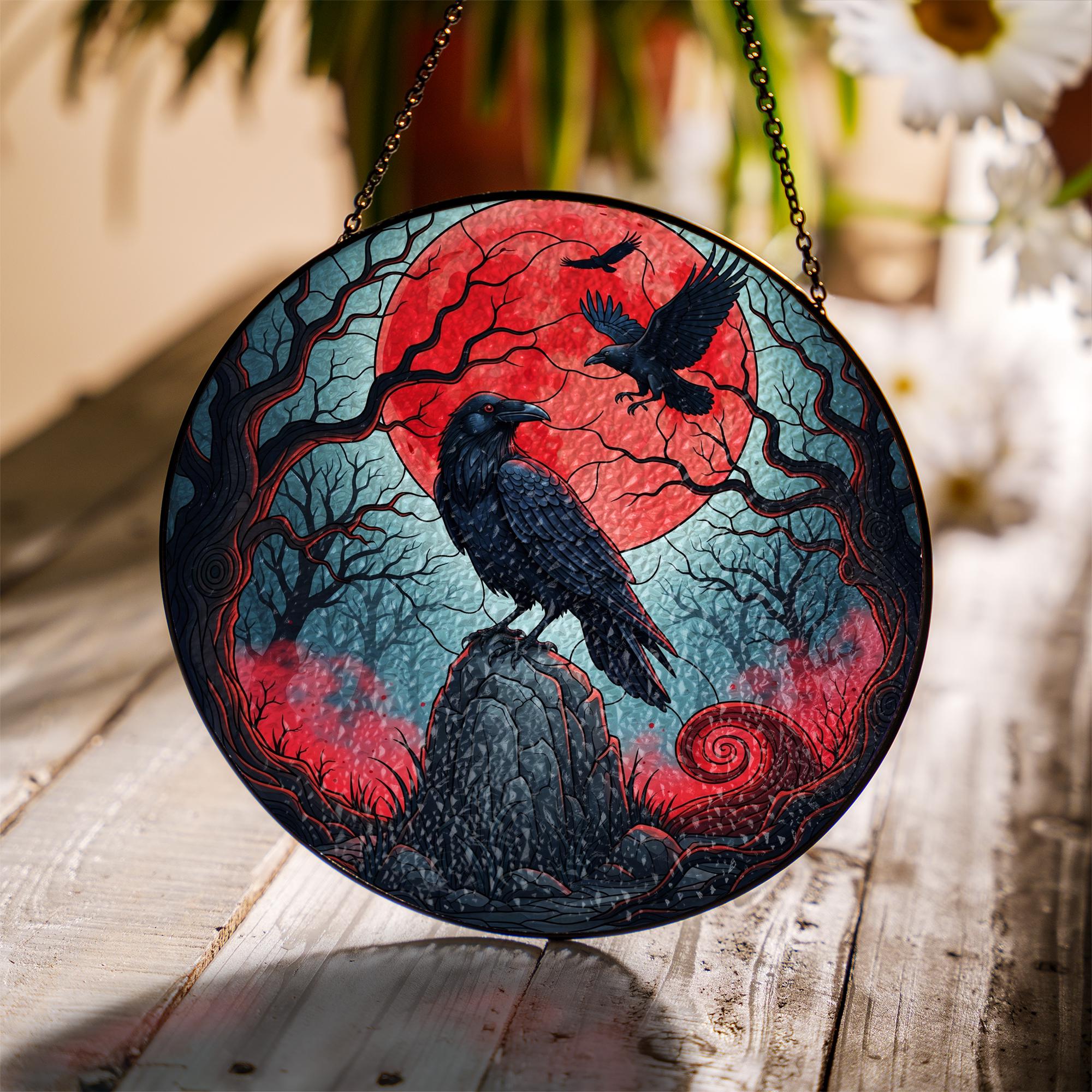 Red Moon Raven Sun Catcher – Gothic Crow Window Hanging – Stained Glass Halloween Decor – Spooky Witchy Gift for Her