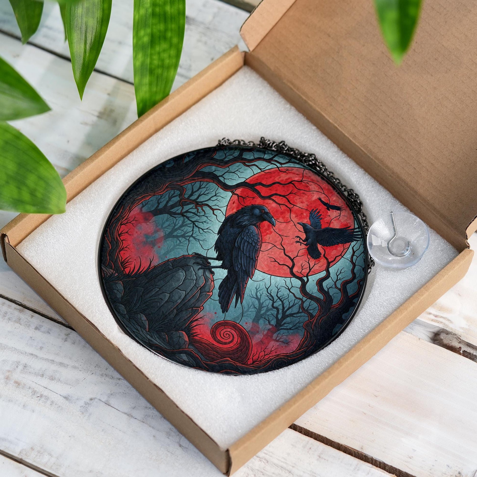 Red Moon Raven Sun Catcher – Gothic Crow Window Hanging – Stained Glass Halloween Decor – Spooky Witchy Gift for Her