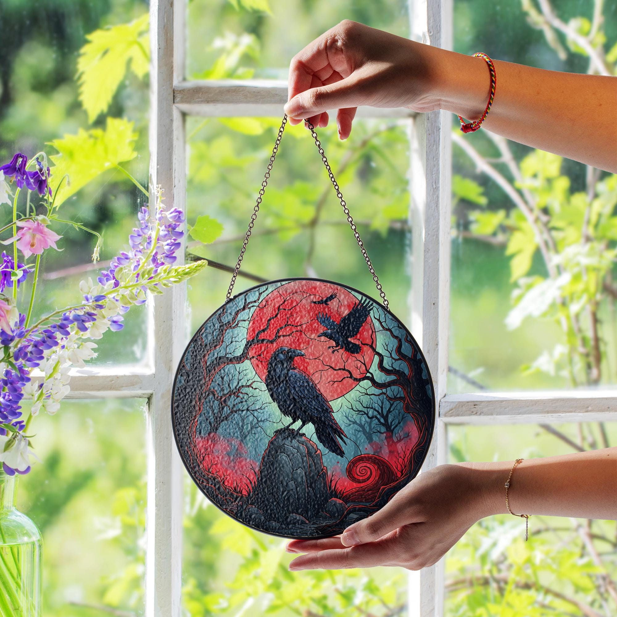 Red Moon Raven Sun Catcher – Gothic Crow Window Hanging – Stained Glass Halloween Decor – Spooky Witchy Gift for Her