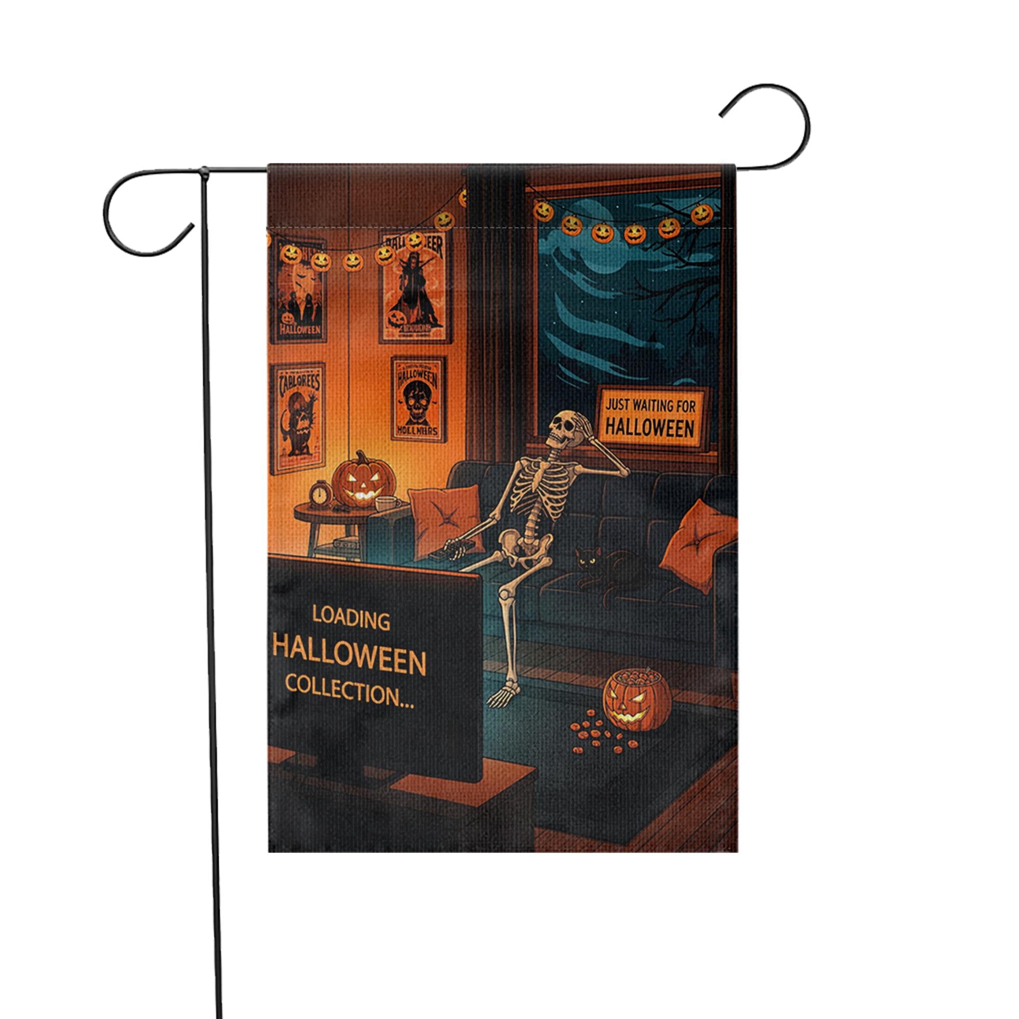 Funny Halloween Garden Flag – Skeleton Watching TV – Just Waiting for Halloween – Spooky Yard Decor for Horror Lovers