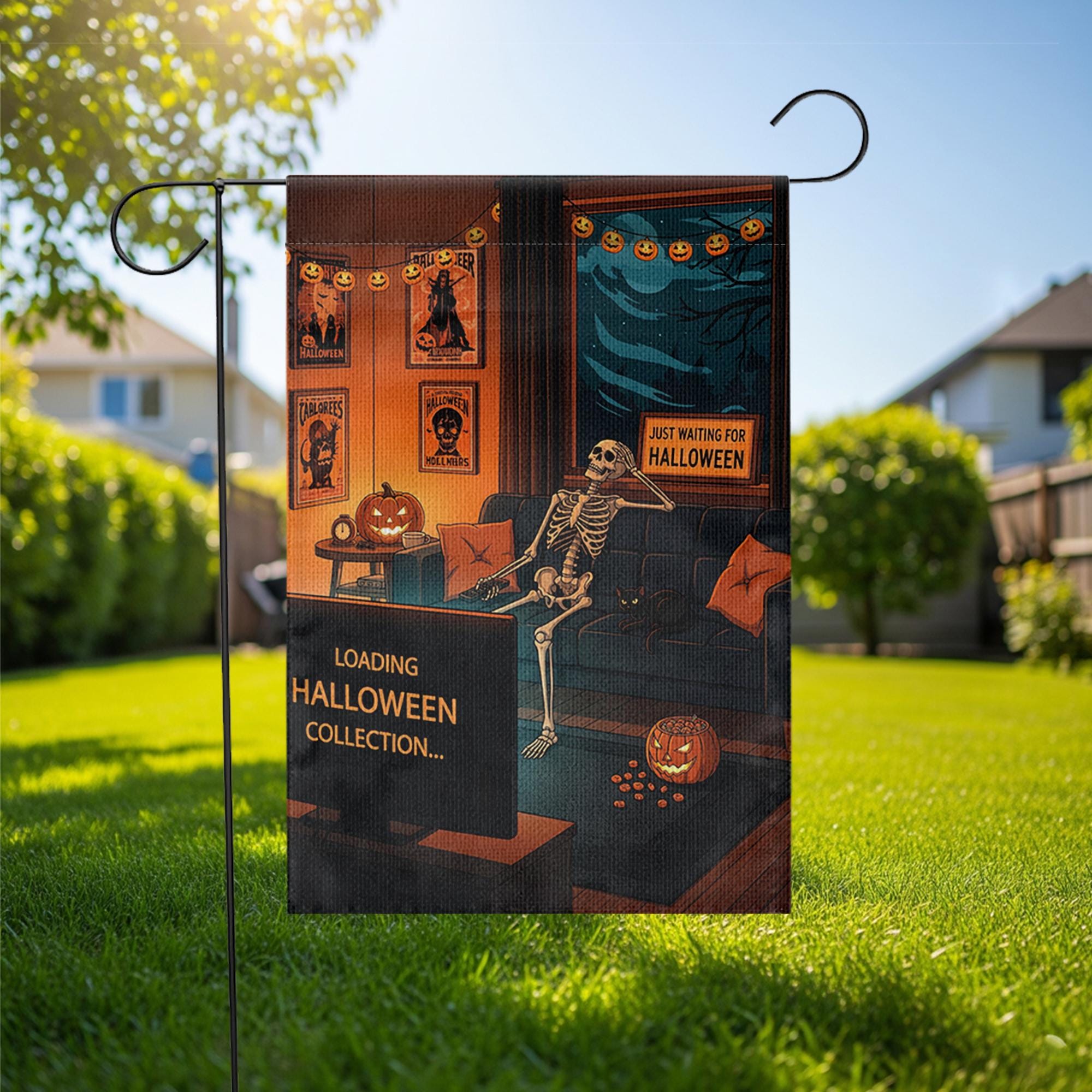 Funny Halloween Garden Flag – Skeleton Watching TV – Just Waiting for Halloween – Spooky Yard Decor for Horror Lovers