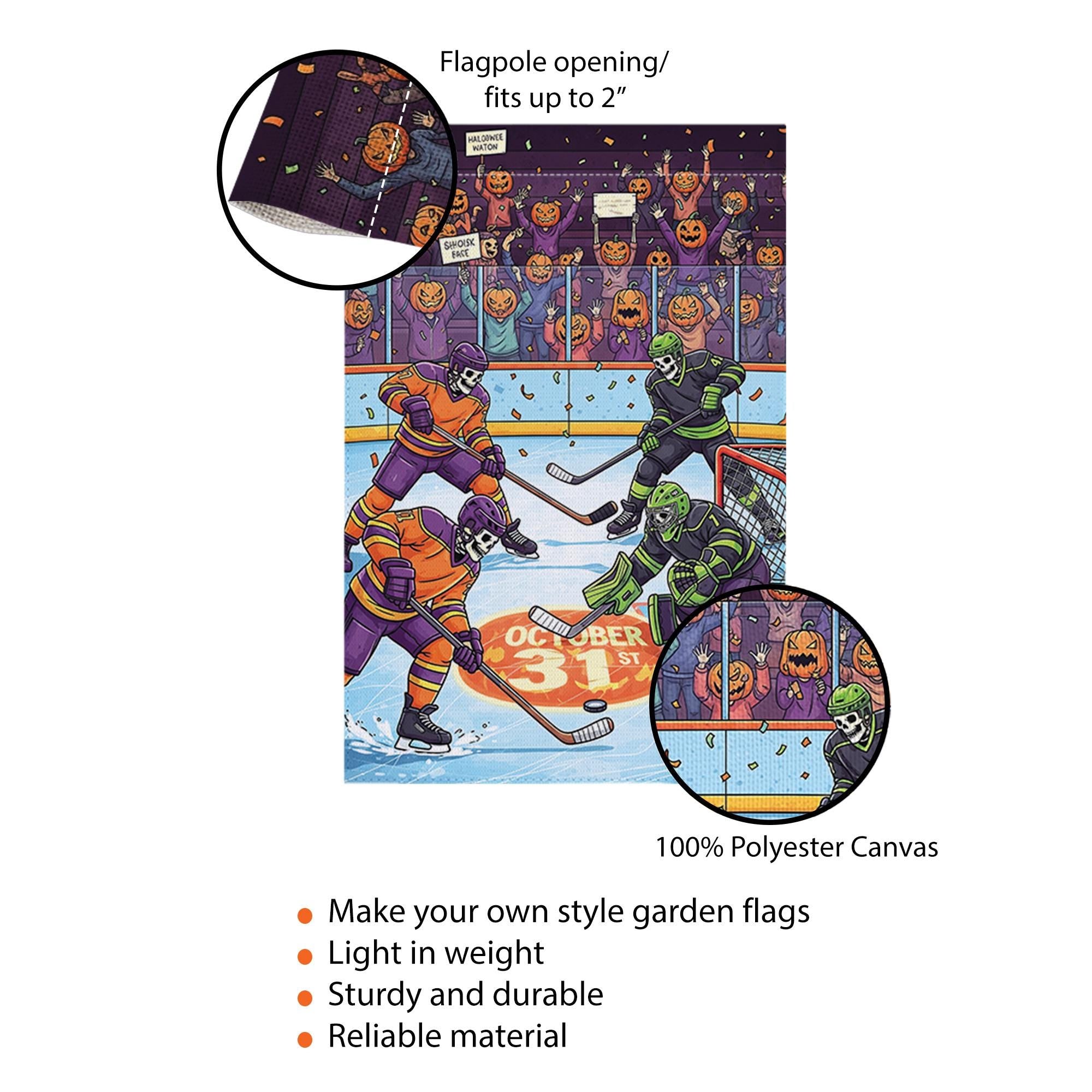 Halloween Hockey Garden Flag – Funny Skeleton Ice Rink Decor – October 31st Yard Sign – Spooky Sports Outdoor Banner